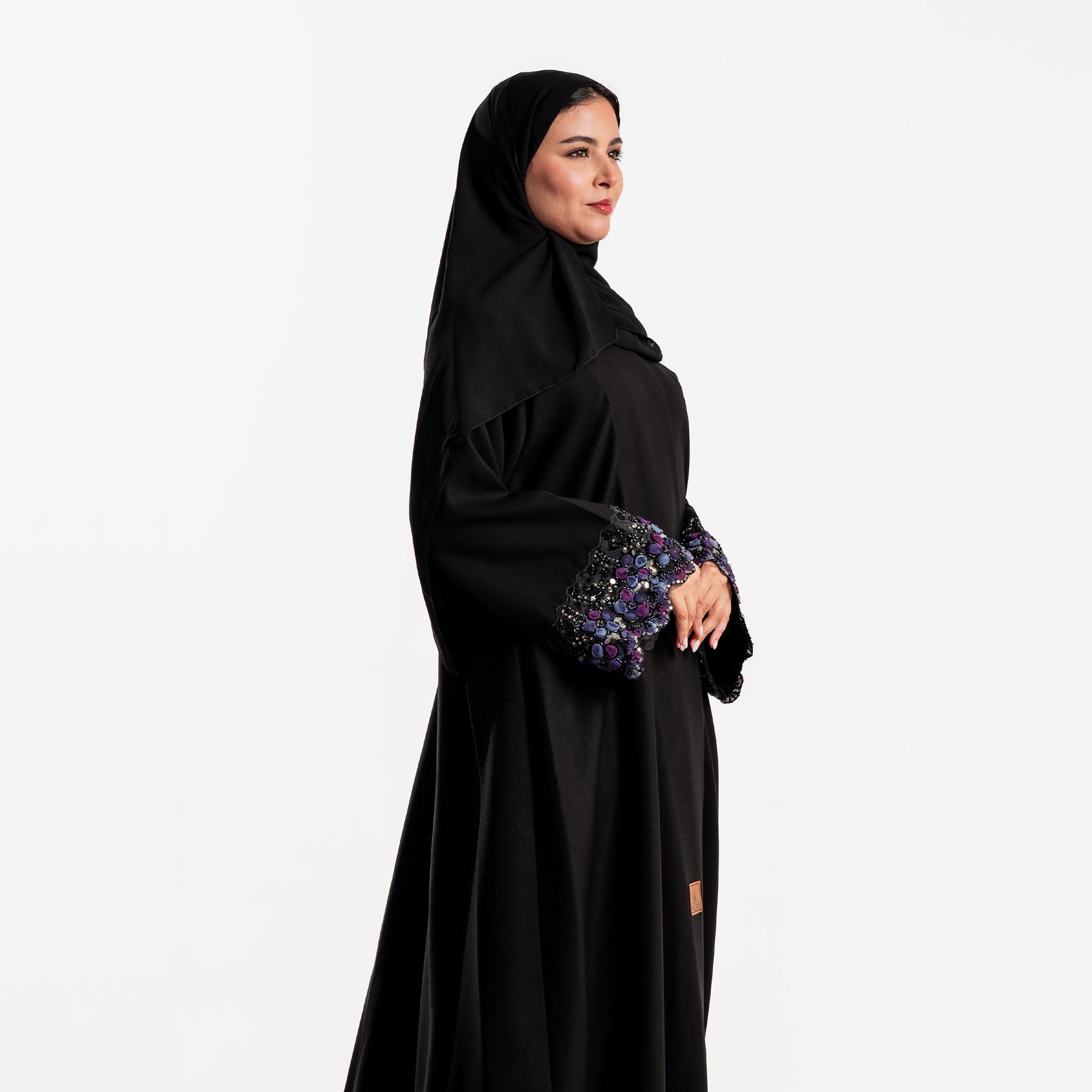 Zahiyh Black Beaded Cuff Wide Sleeves Women's Abaya with Hijab-women-arabicclothing-abayas-image-3