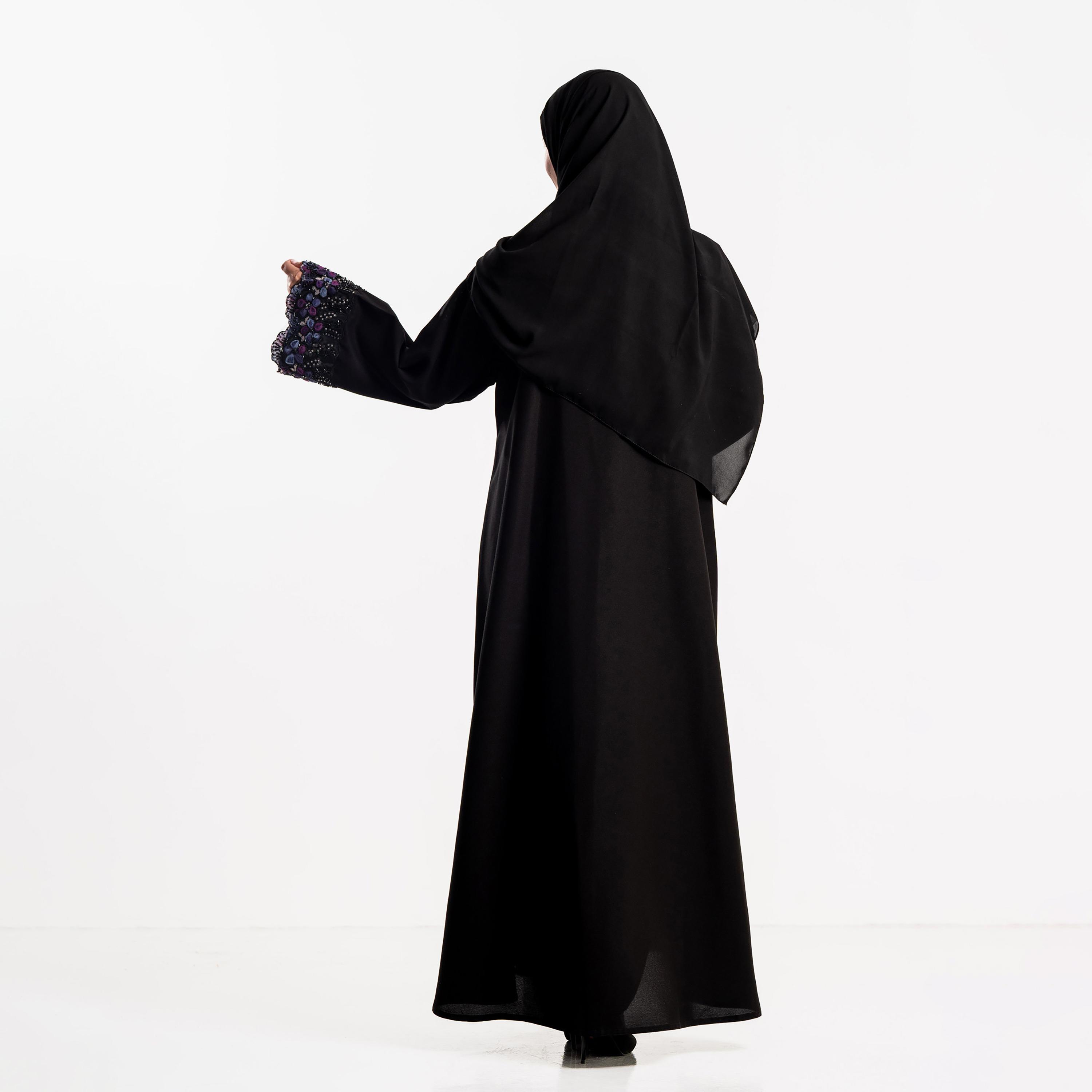 Zahiyh Black Beaded Cuff Wide Sleeves Women's Abaya with Hijab-women-arabicclothing-abayas-image-4