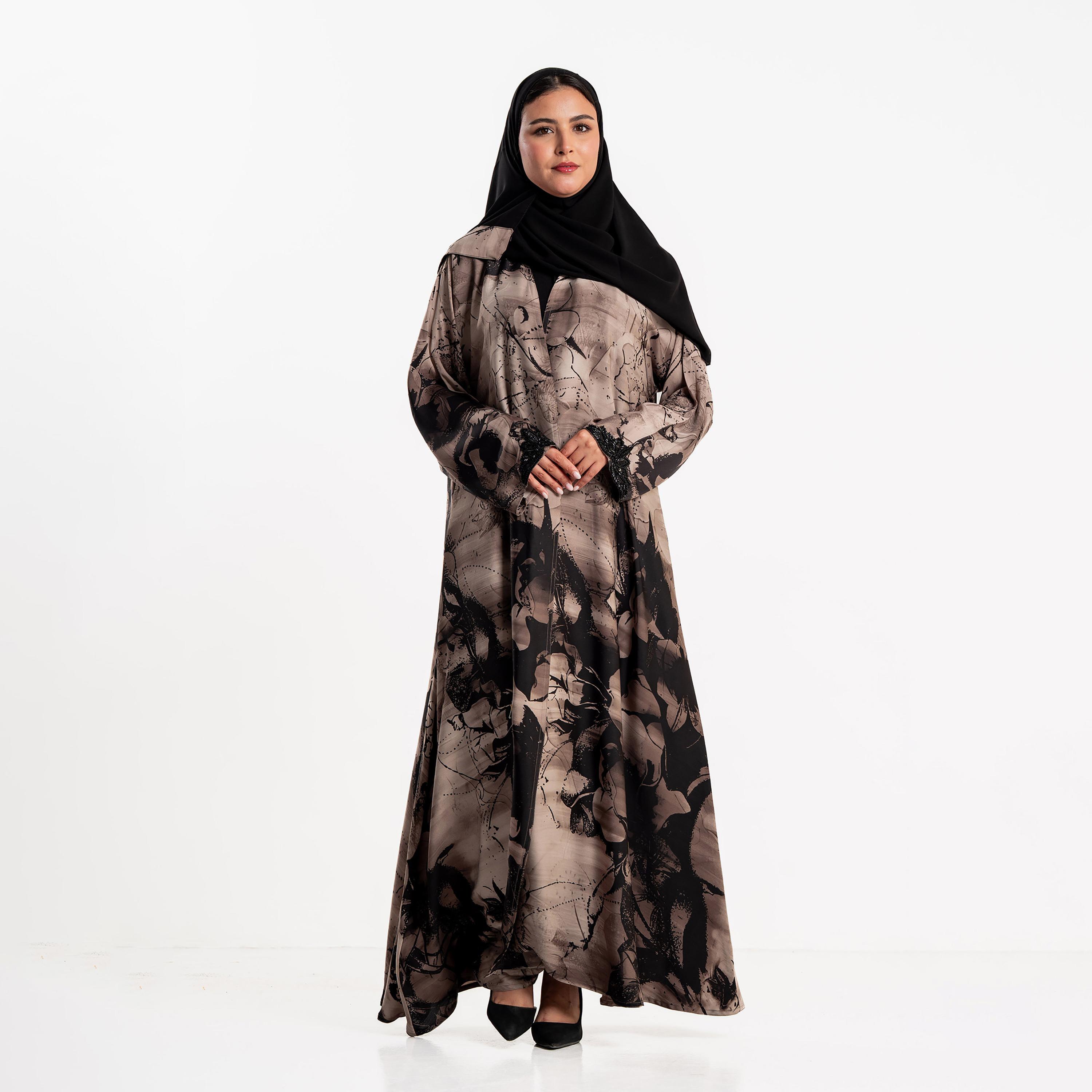 Zahiyh Floral Print Women's Flared Cloud Abaya with Hijab-women-arabicclothing-abayas-image-1