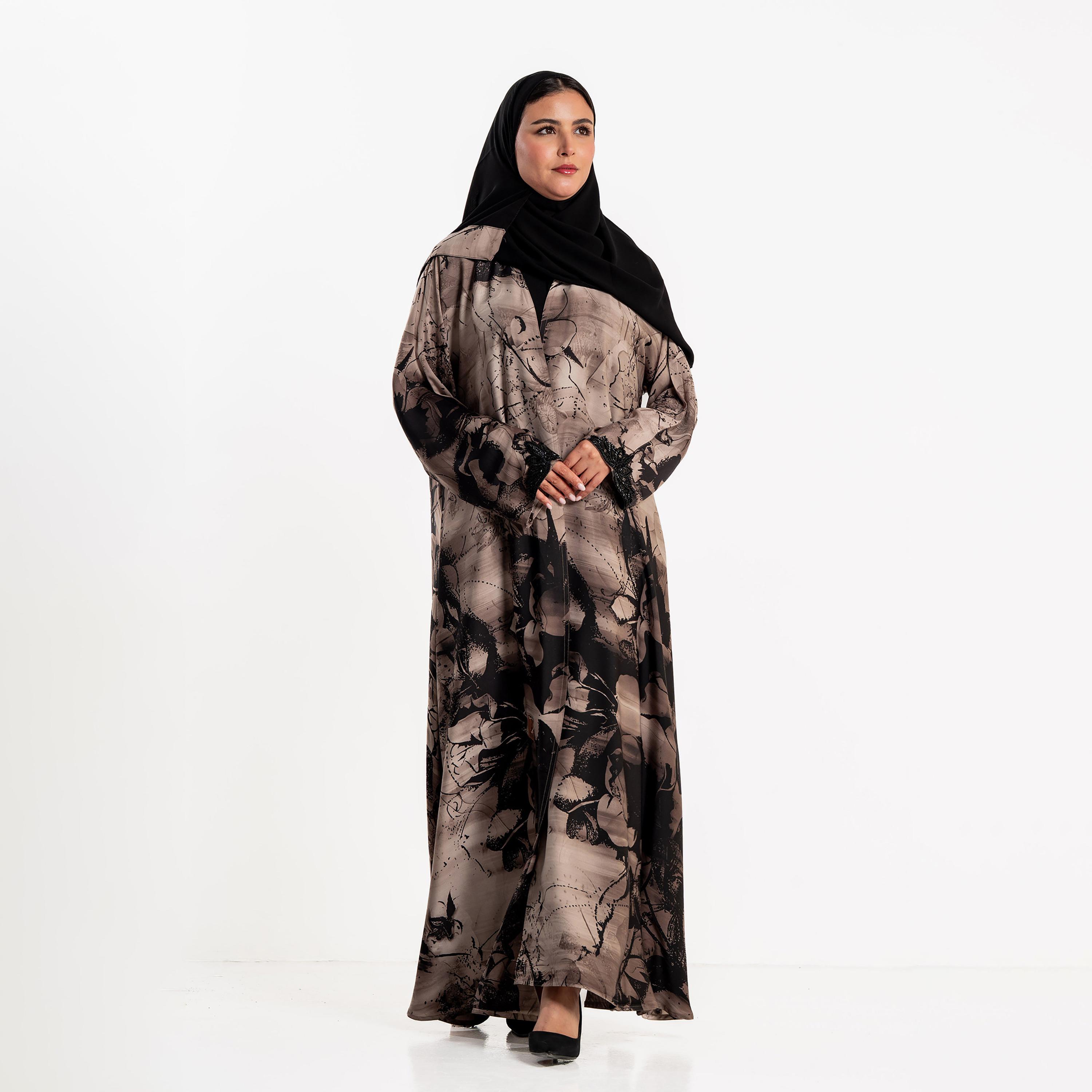 Zahiyh Floral Print Women's Flared Cloud Abaya with Hijab-women-arabicclothing-abayas-image-2