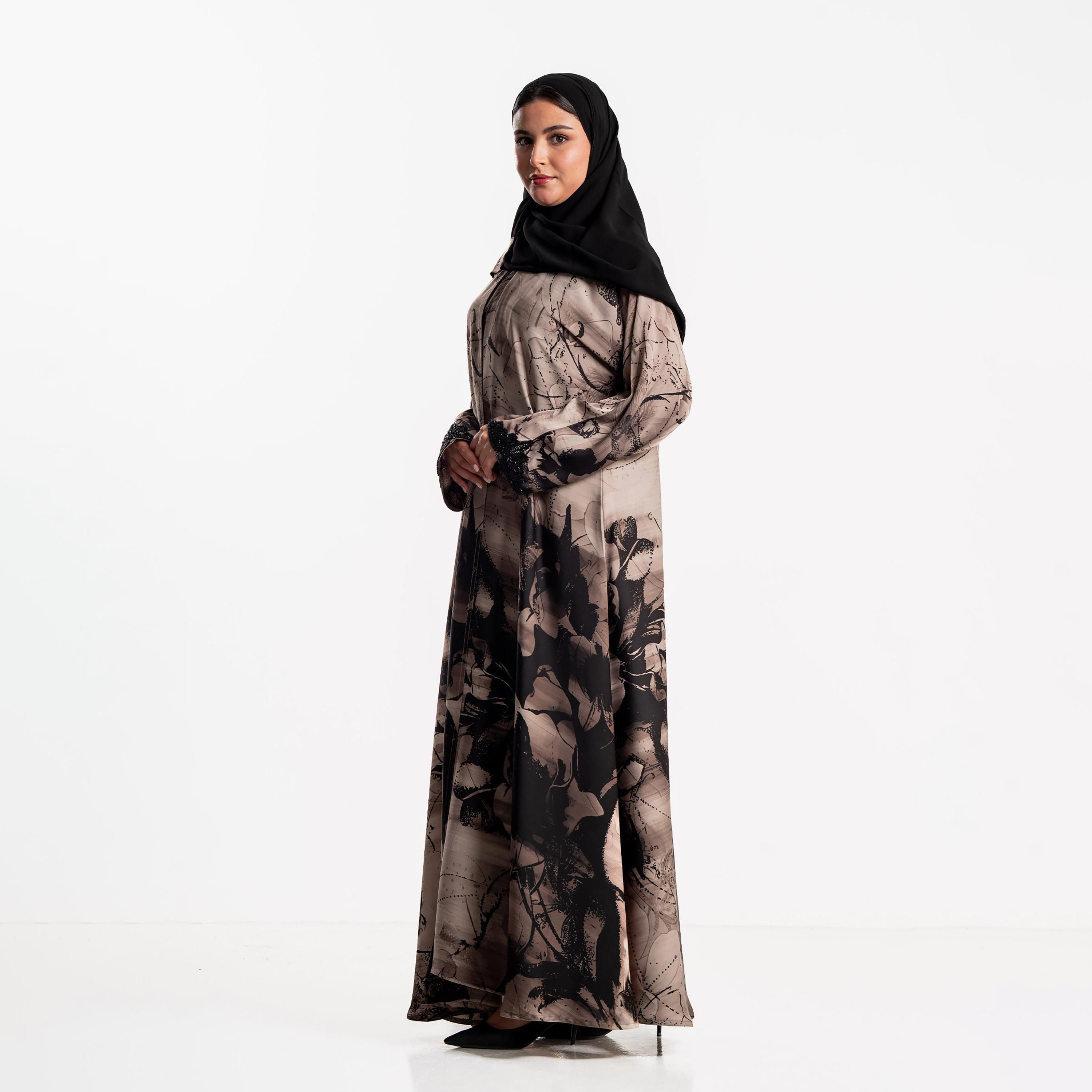 Zahiyh Floral Print Women's Flared Cloud Abaya with Hijab-women-arabicclothing-abayas-image-3