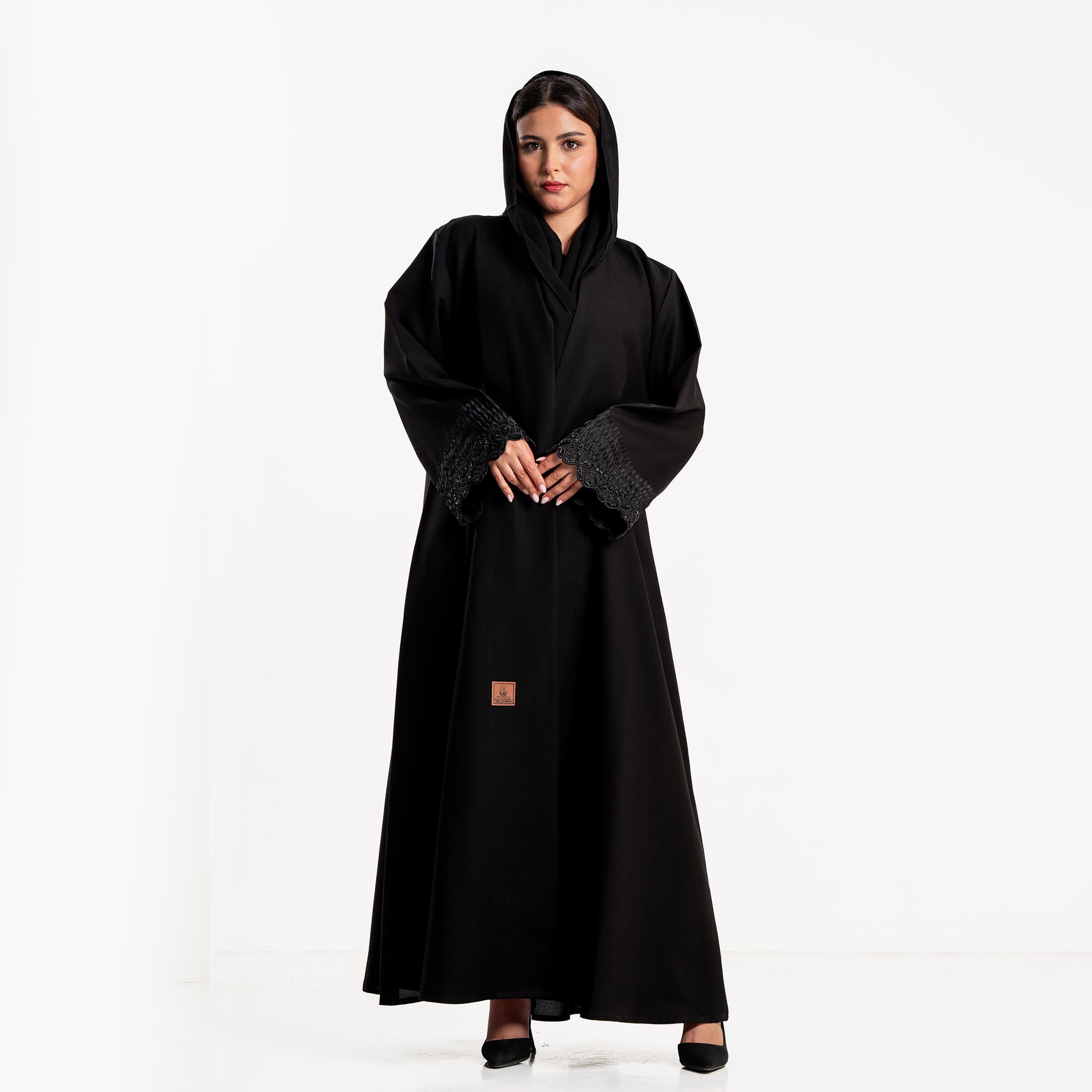 Zahiyh Black Embroidered Cuff Wide Sleeves Women's Abaya with Hijab-women-arabicclothing-abayas-image-1