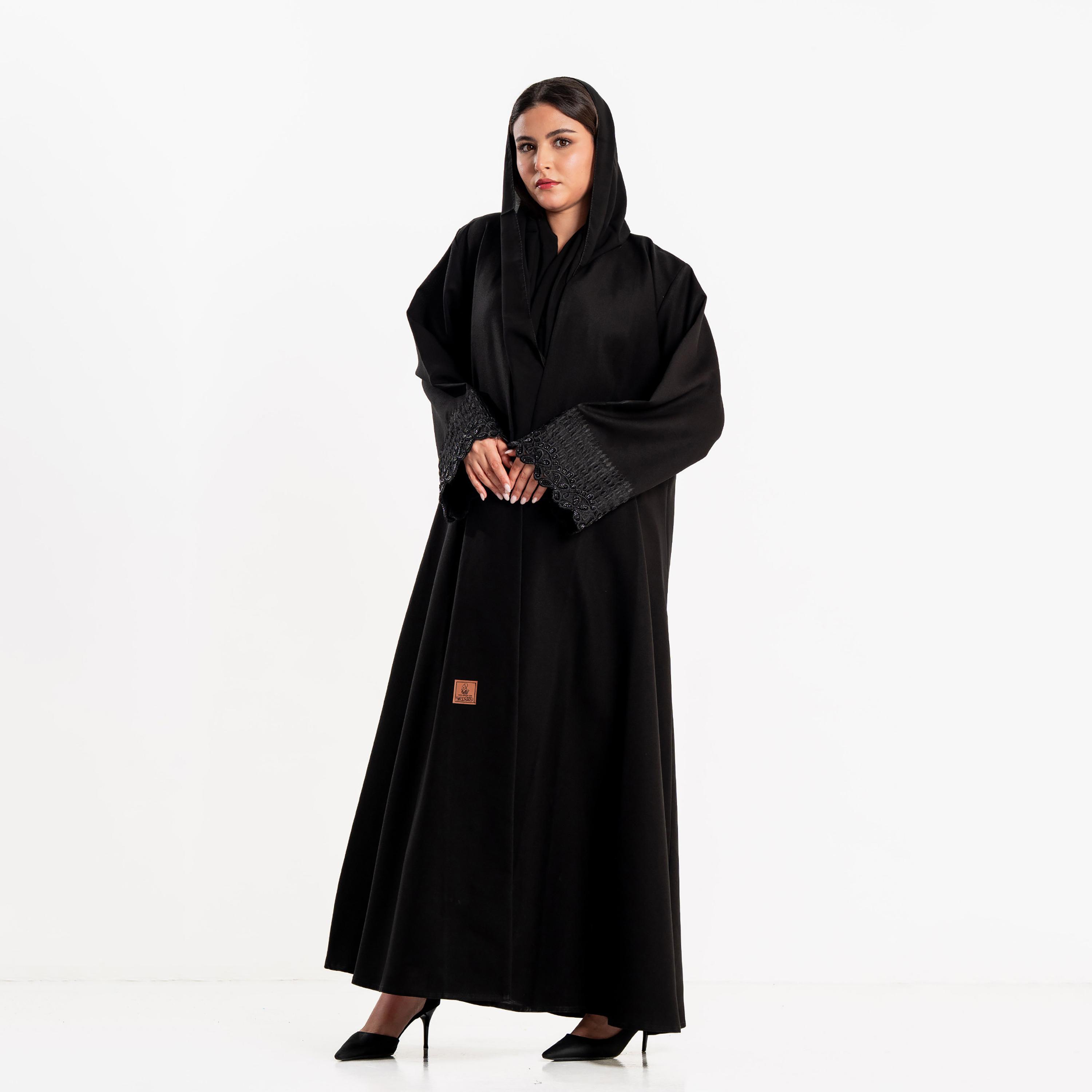 Zahiyh Black Embroidered Cuff Wide Sleeves Women's Abaya with Hijab-women-arabicclothing-abayas-image-2