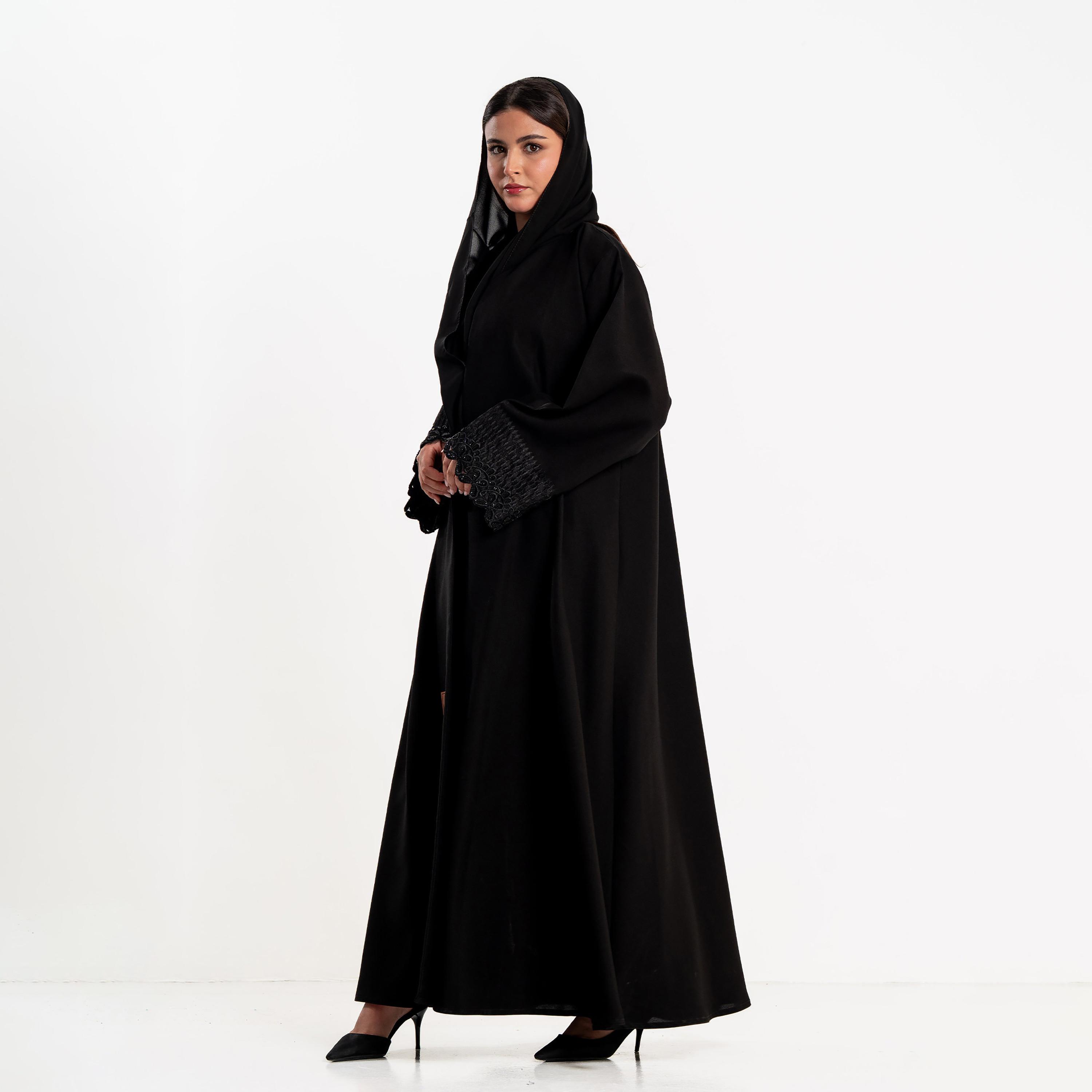 Zahiyh Black Embroidered Cuff Wide Sleeves Women's Abaya with Hijab-women-arabicclothing-abayas-image-3