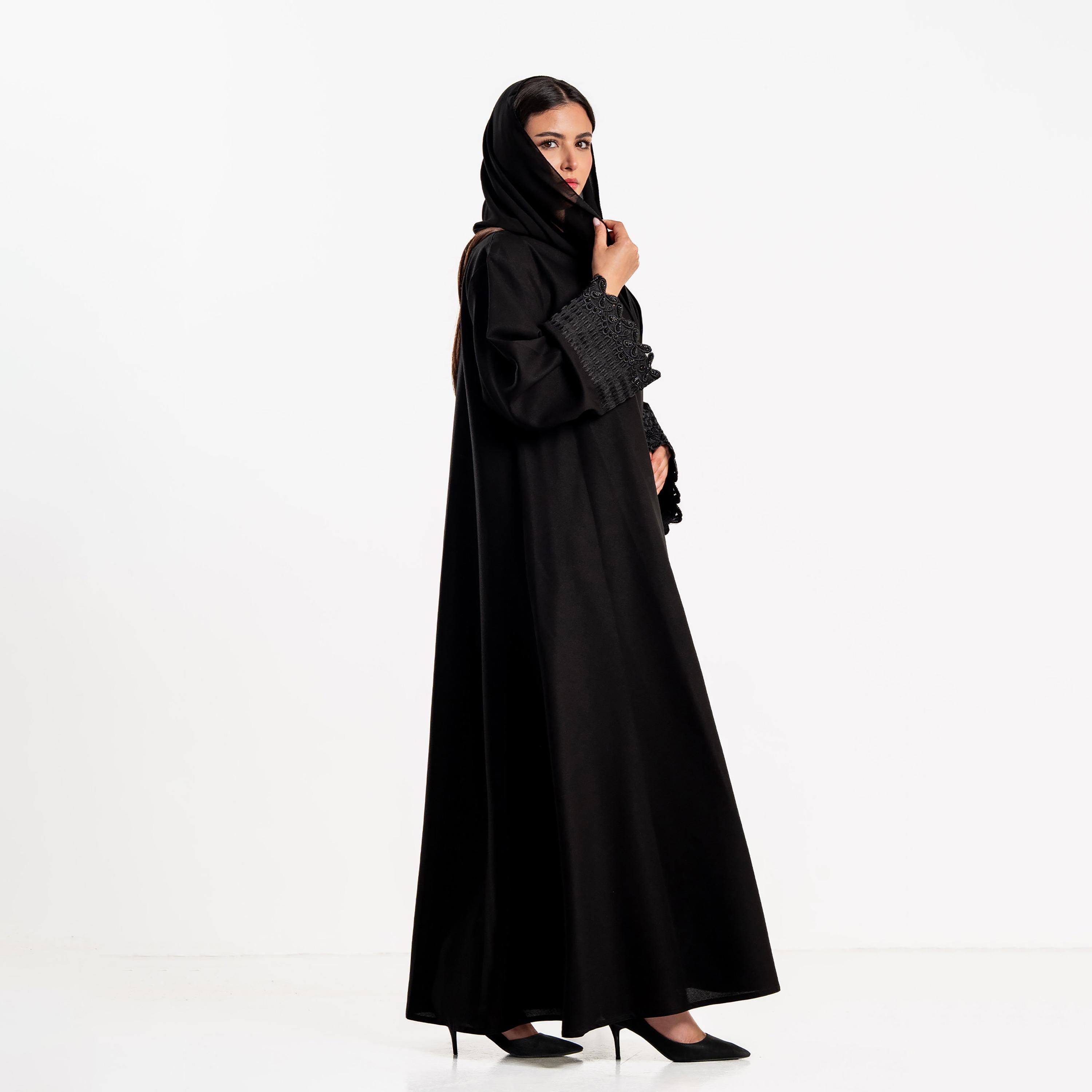 Zahiyh Black Embroidered Cuff Wide Sleeves Women's Abaya with Hijab-women-arabicclothing-abayas-image-4