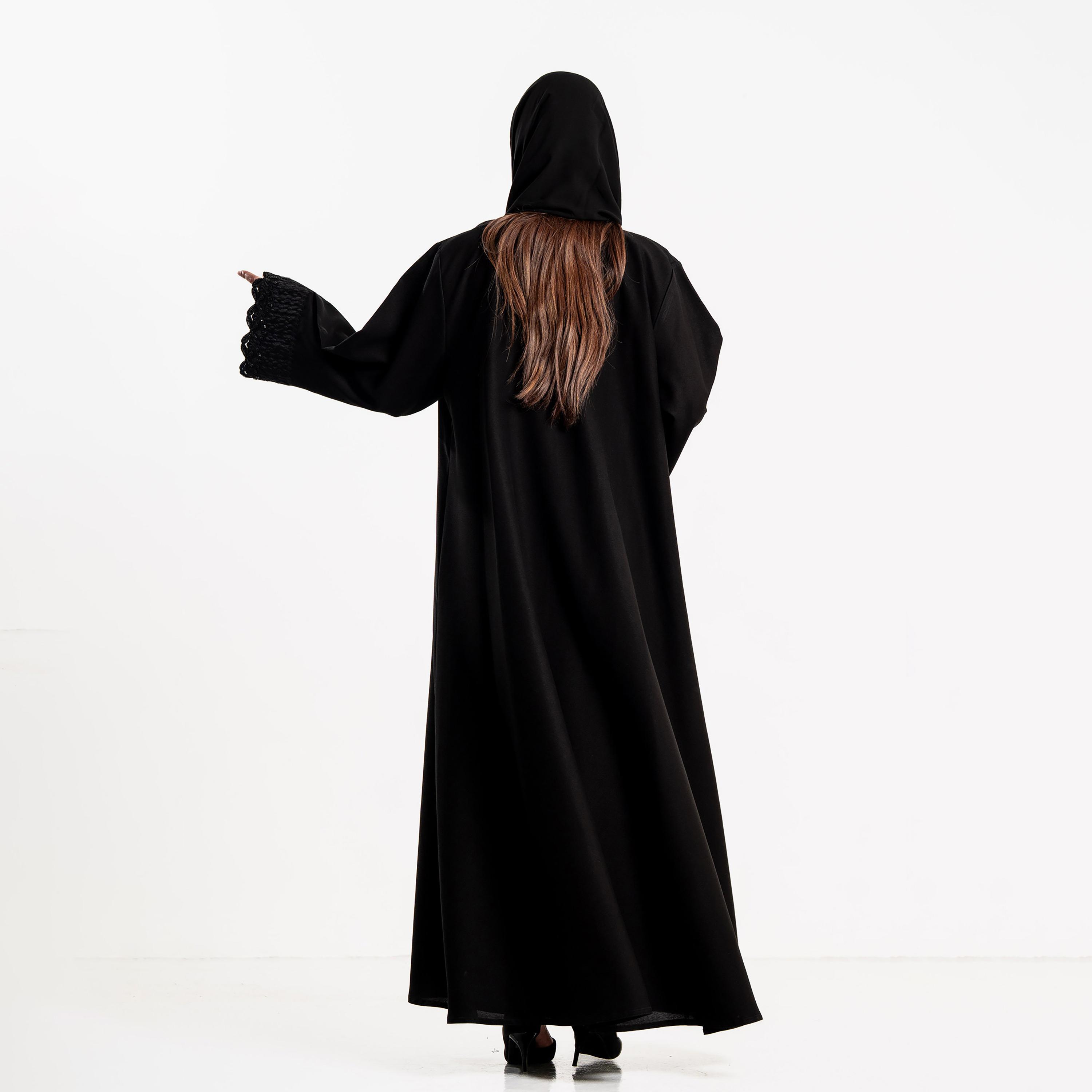 Zahiyh Black Embroidered Cuff Wide Sleeves Women's Abaya with Hijab-women-arabicclothing-abayas-image-5