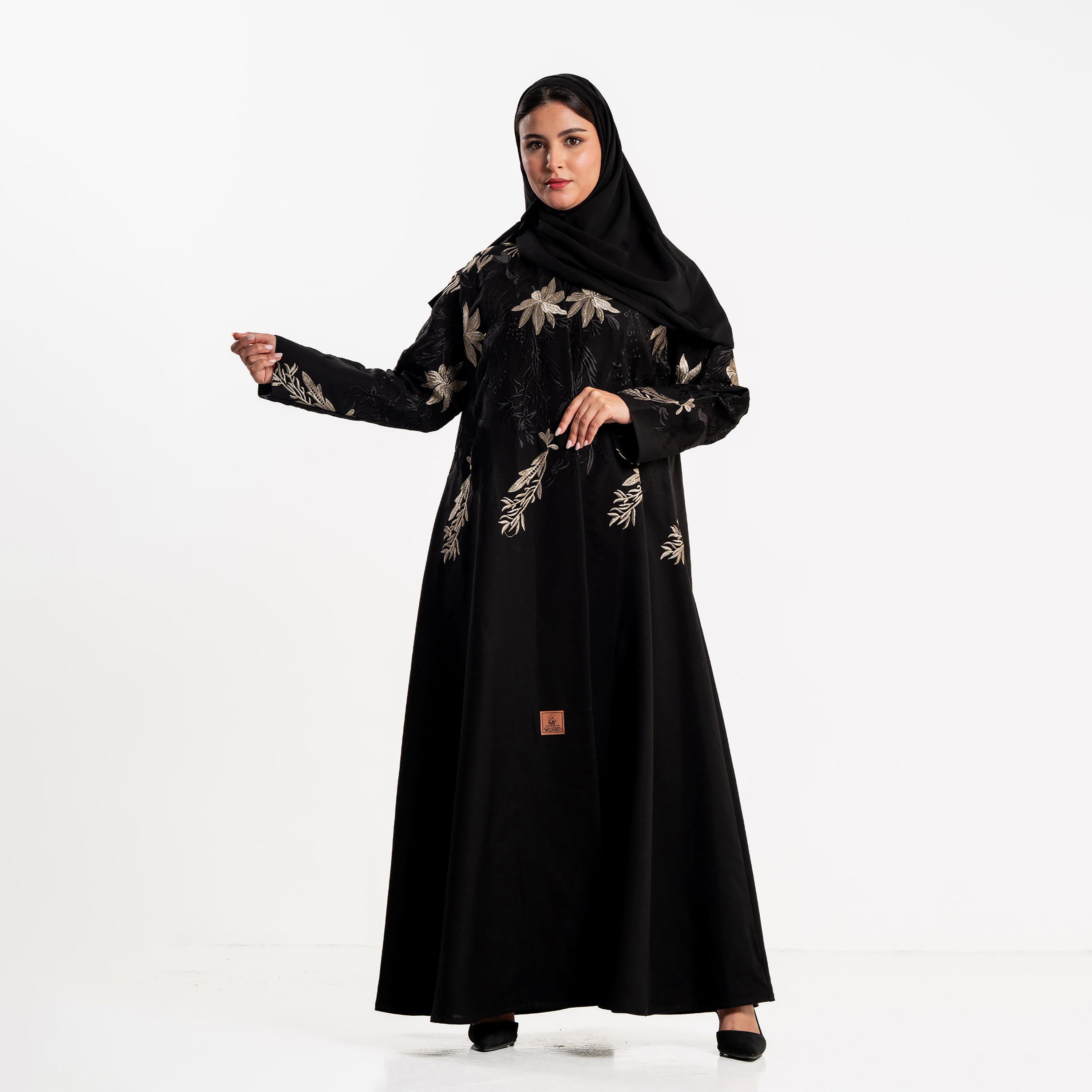عباءة سوداء مطرزة بالزهور مع حجاب للنساء من زاهية-women-arabicclothing-abayas-image-1