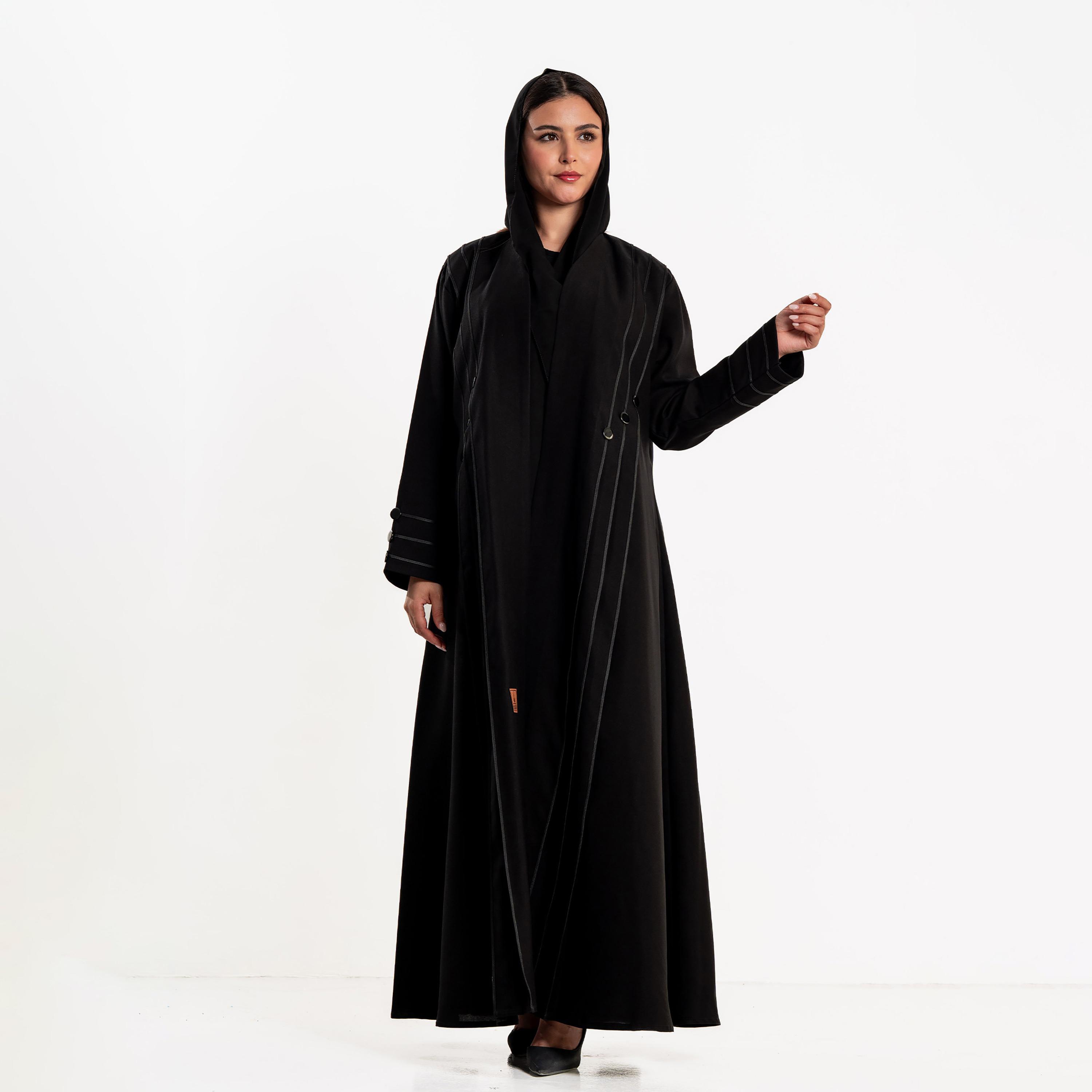 Zahiyh Black Stripes Detailed Women's Abaya with Hijab-women-arabicclothing-abayas-image-1