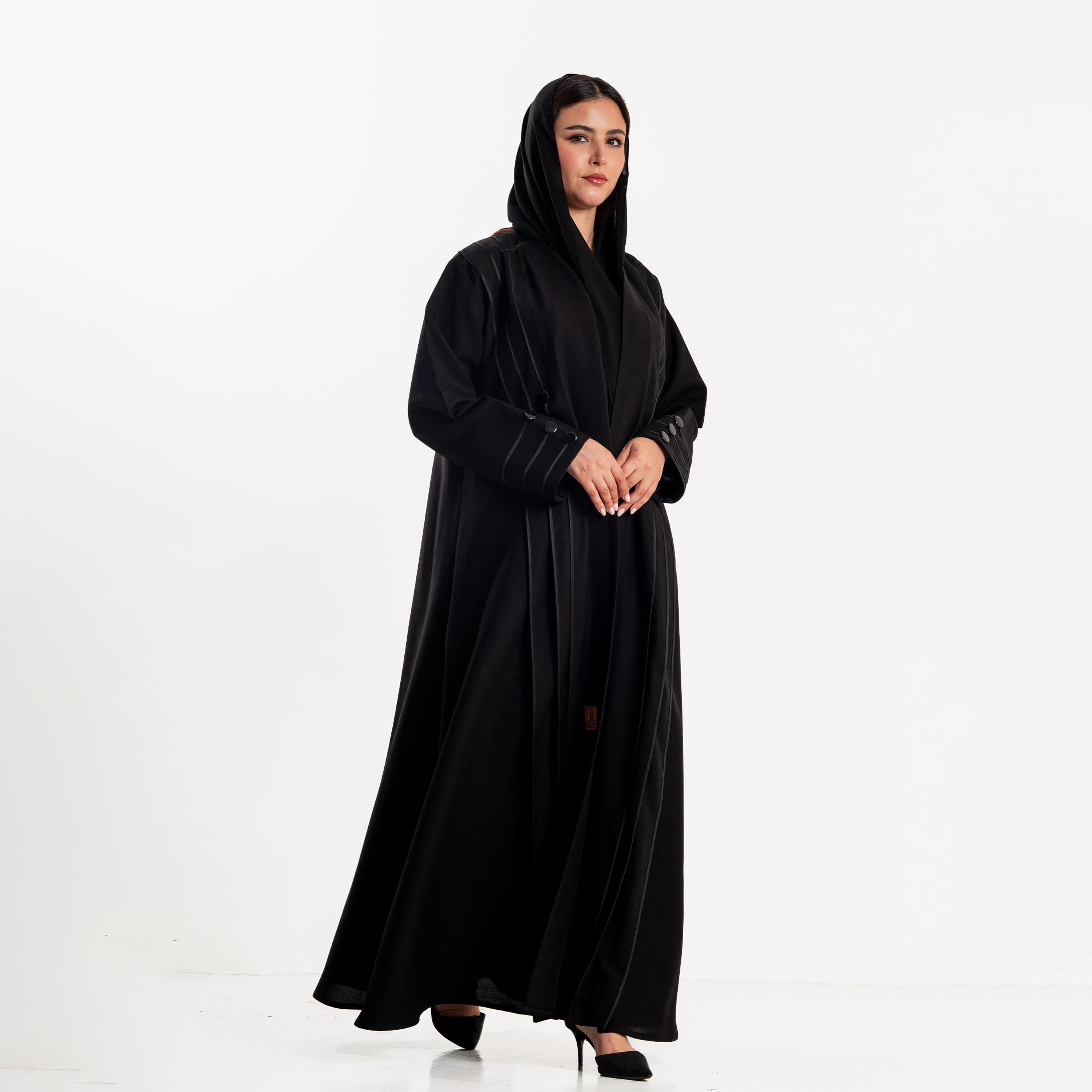 Zahiyh Black Stripes Detailed Women's Abaya with Hijab-women-arabicclothing-abayas-image-2
