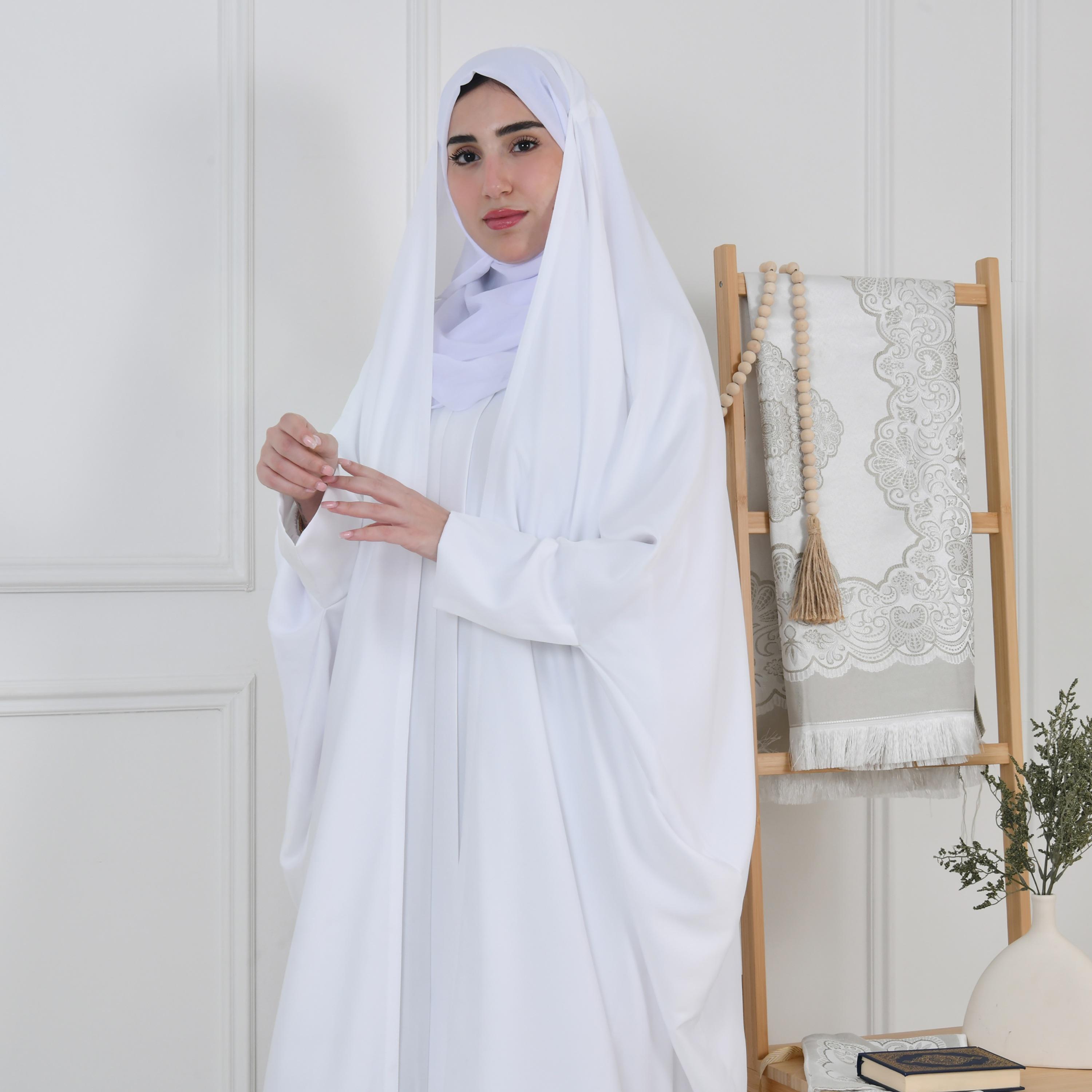 Hawraa White Batwing Sleeves Crepe Bisht Cut Abaya with Hijab-women-arabicclothing-abayas-image-2