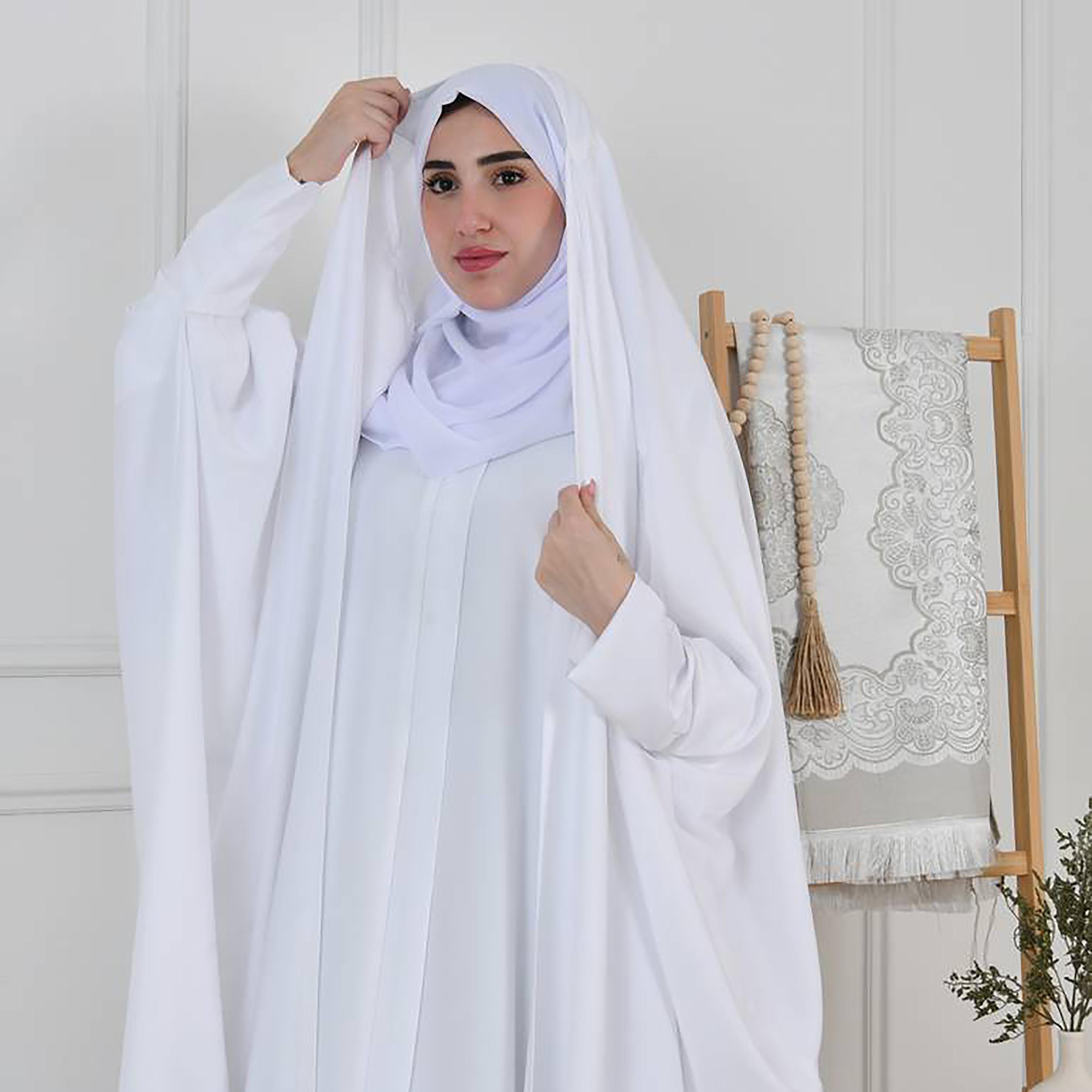 Hawraa White Batwing Sleeves Crepe Bisht Cut Abaya with Hijab-women-arabicclothing-abayas-image-3