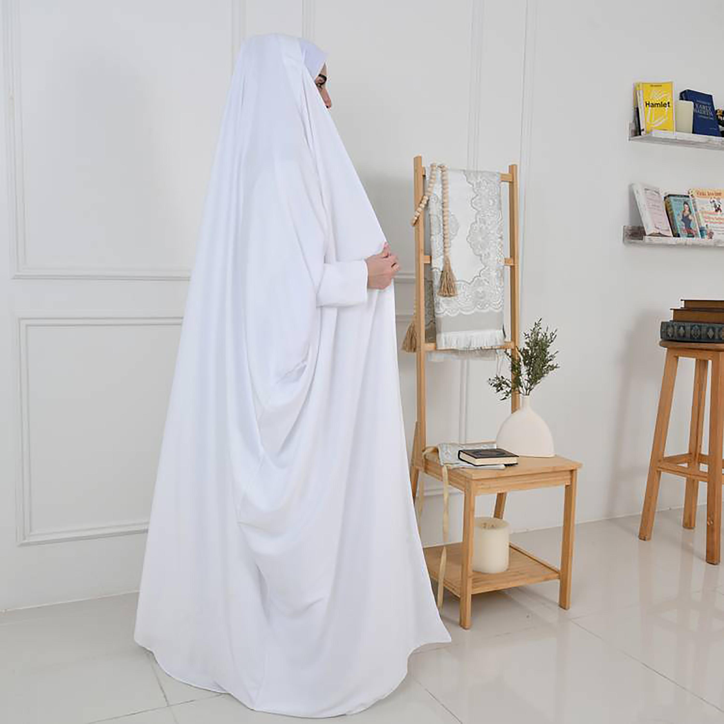 Hawraa White Batwing Sleeves Crepe Bisht Cut Abaya with Hijab-women-arabicclothing-abayas-image-4