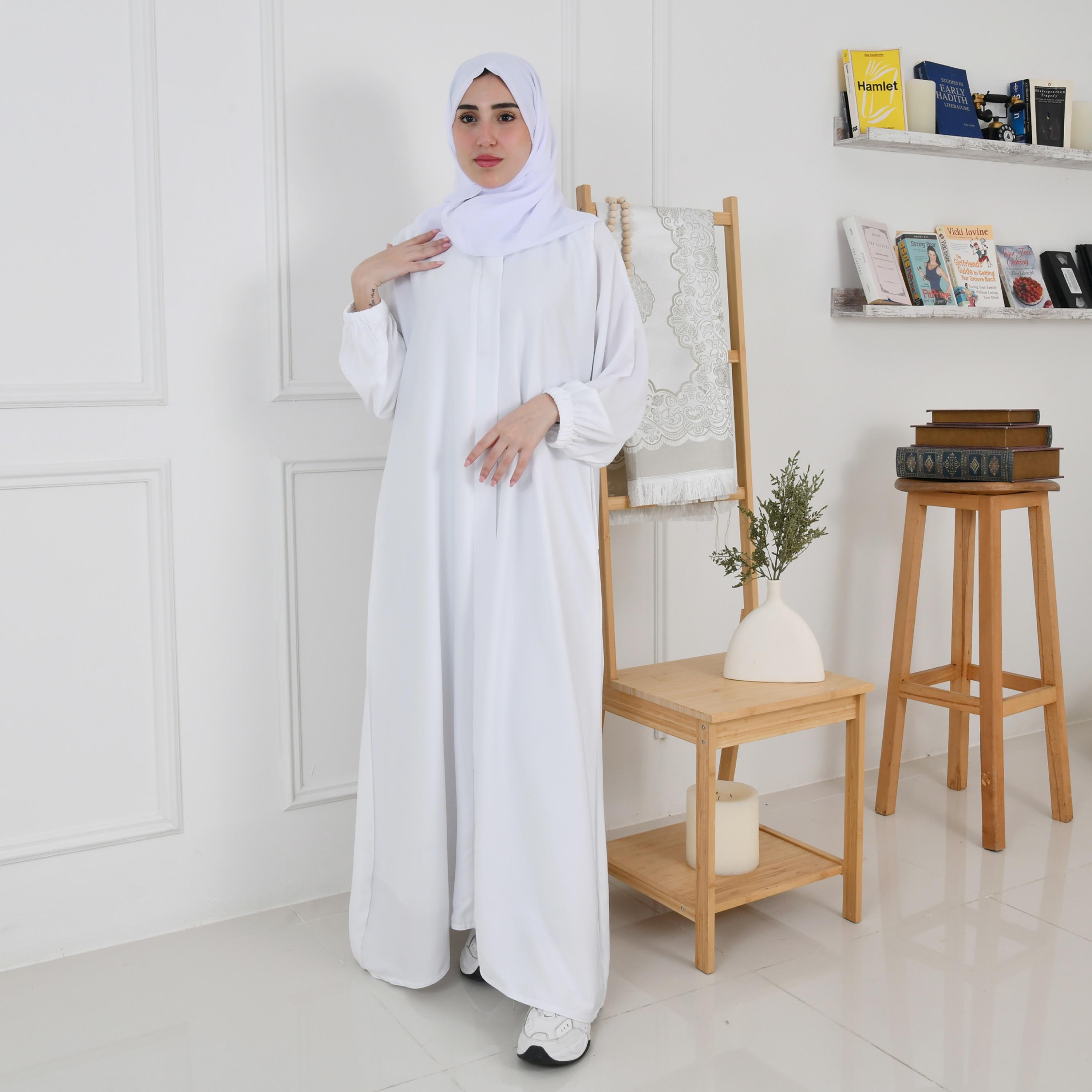 Hawraa White Balloon Sleeves Linen Women's Quarter-Flared Cut Hajj and Umrah Abaya with Hijab-women-arabicclothing-prayerclothing-image-1