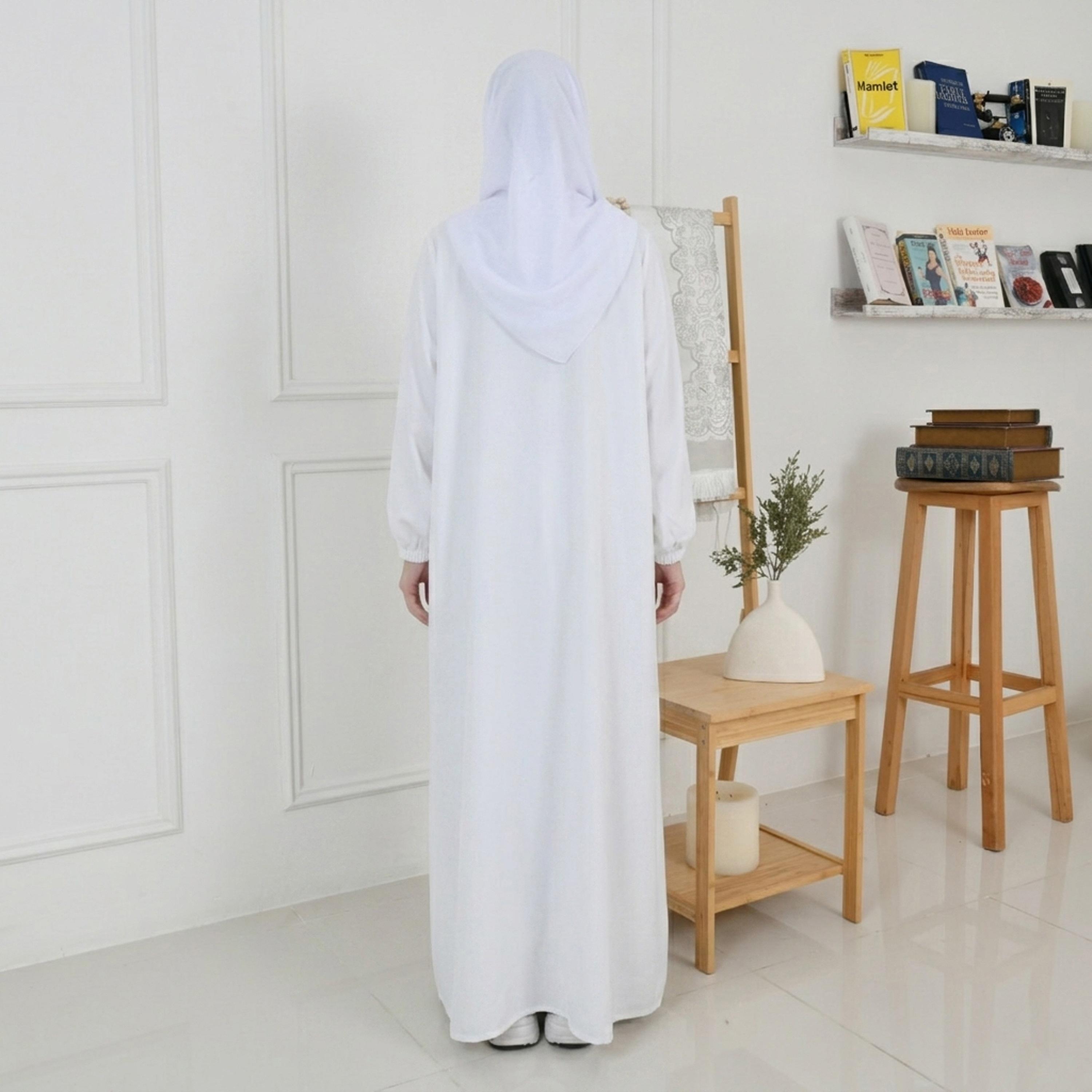 Hawraa White Balloon Sleeves Linen Women's Quarter-Flared Cut Hajj and Umrah Abaya with Hijab-women-arabicclothing-prayerclothing-image-10