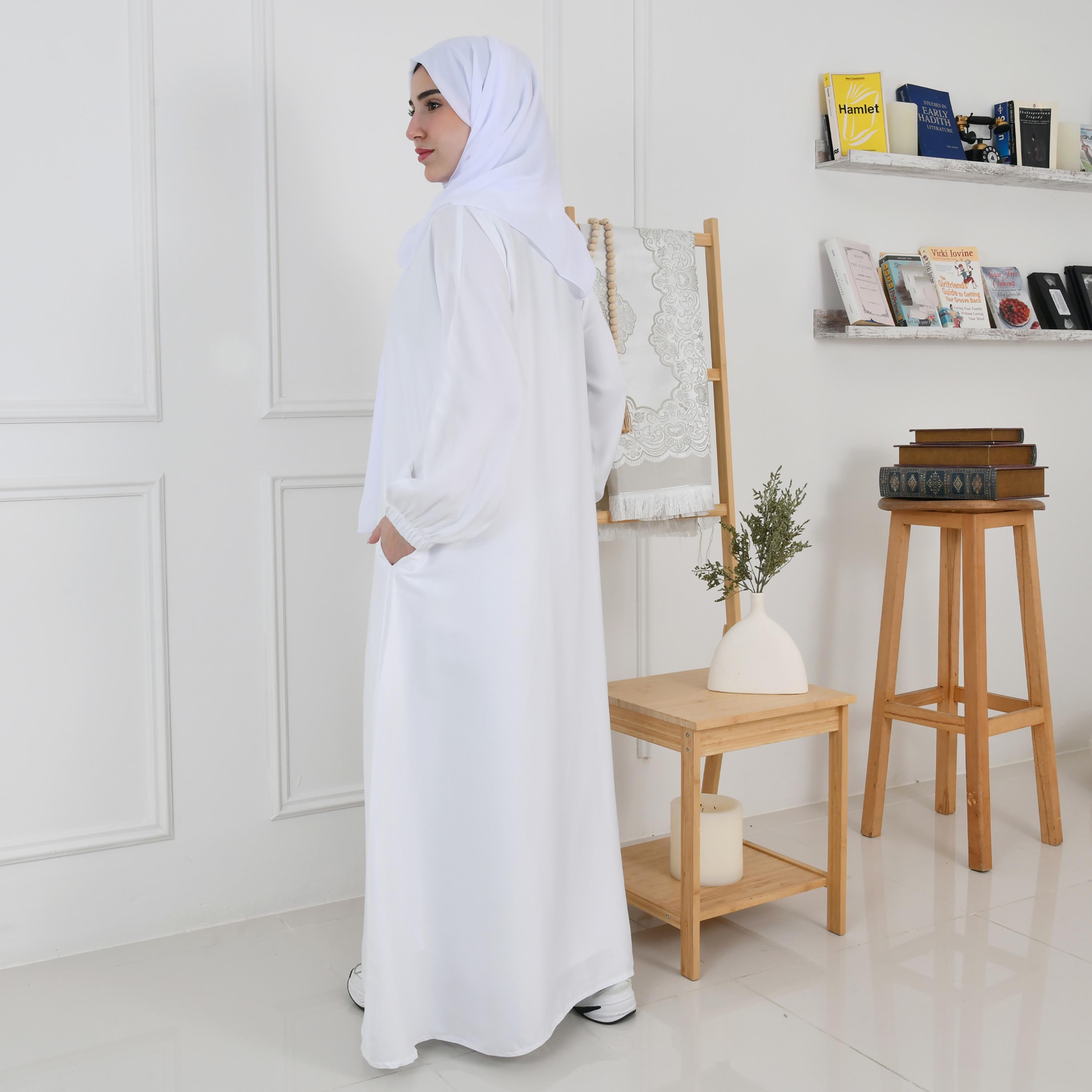 Hawraa White Balloon Sleeves Linen Women's Quarter-Flared Cut Hajj and Umrah Abaya with Hijab-women-arabicclothing-prayerclothing-image-11