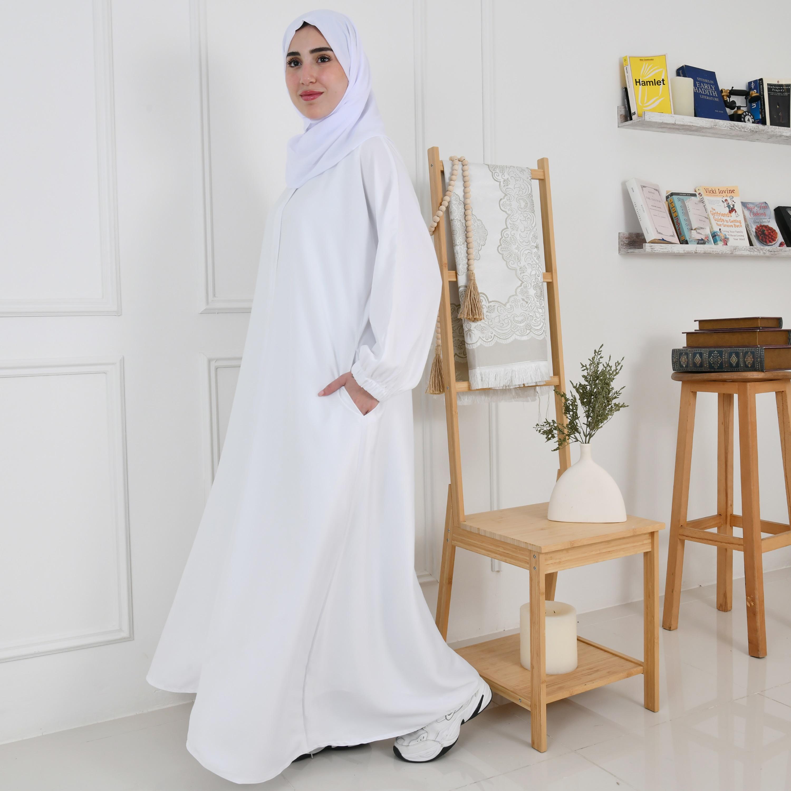 Hawraa White Balloon Sleeves Linen Women's Quarter-Flared Cut Hajj and Umrah Abaya with Hijab-women-arabicclothing-prayerclothing-image-12