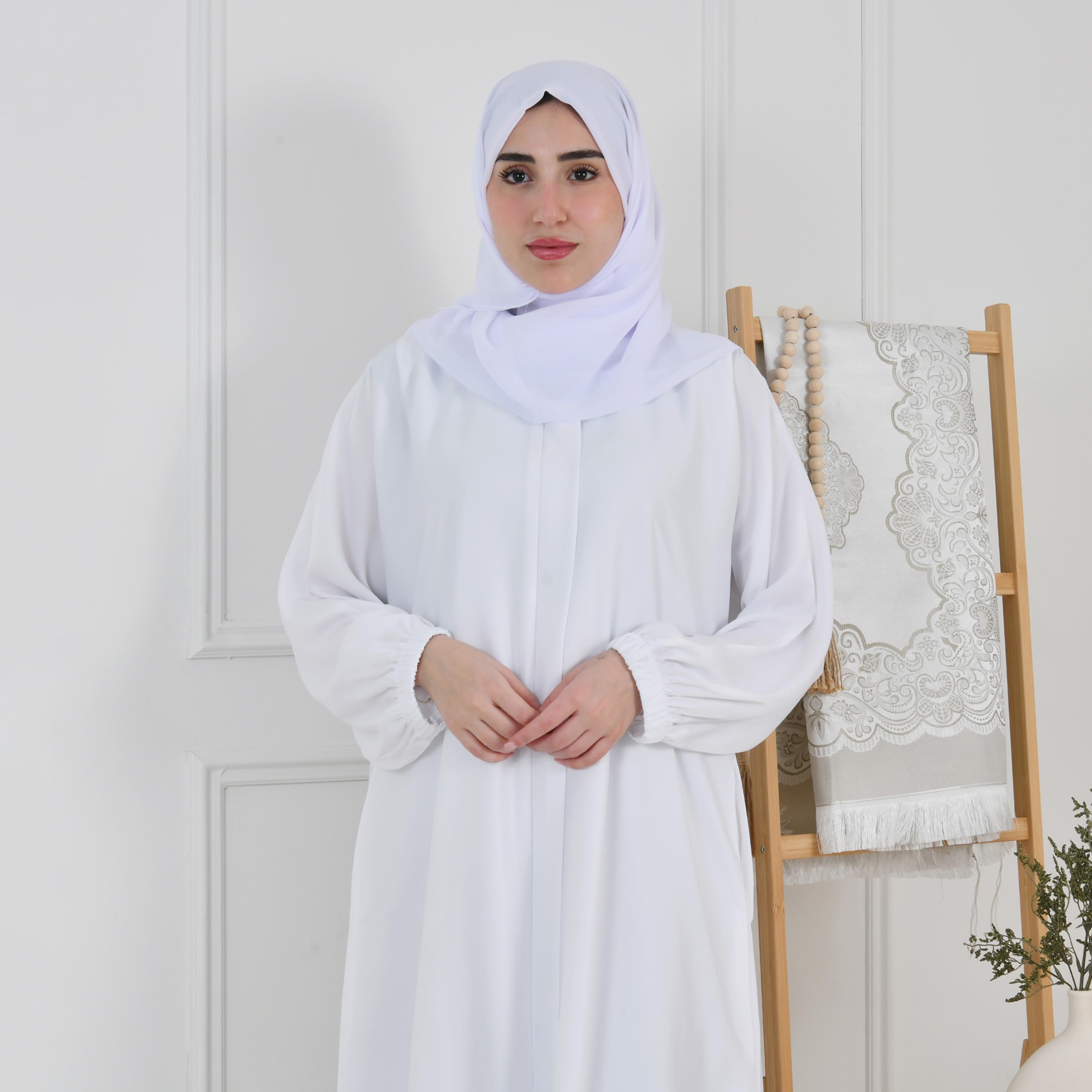 Hawraa White Balloon Sleeves Linen Women's Quarter-Flared Cut Hajj and Umrah Abaya with Hijab-women-arabicclothing-prayerclothing-image-13