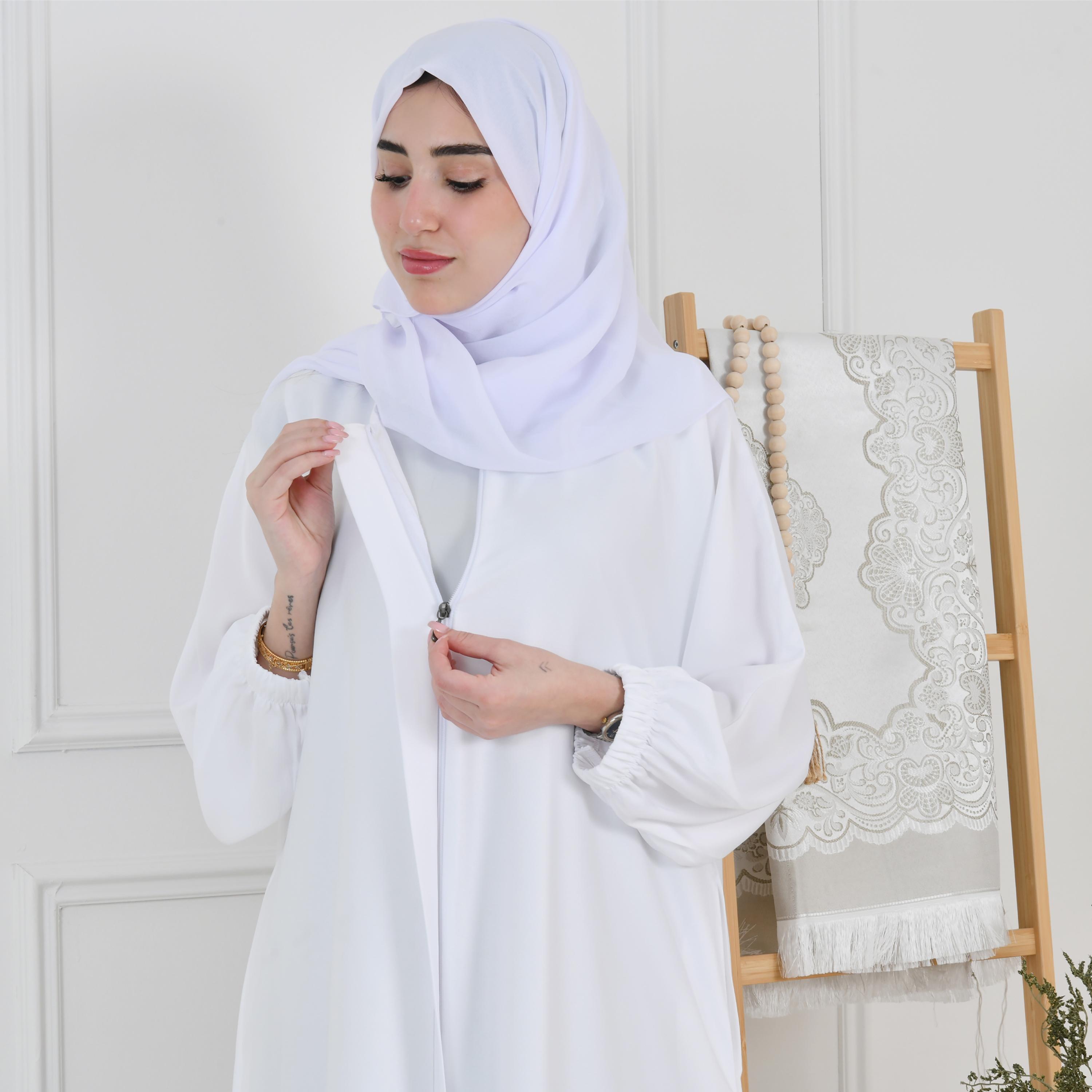 Hawraa White Balloon Sleeves Linen Women's Quarter-Flared Cut Hajj and Umrah Abaya with Hijab-women-arabicclothing-prayerclothing-image-4
