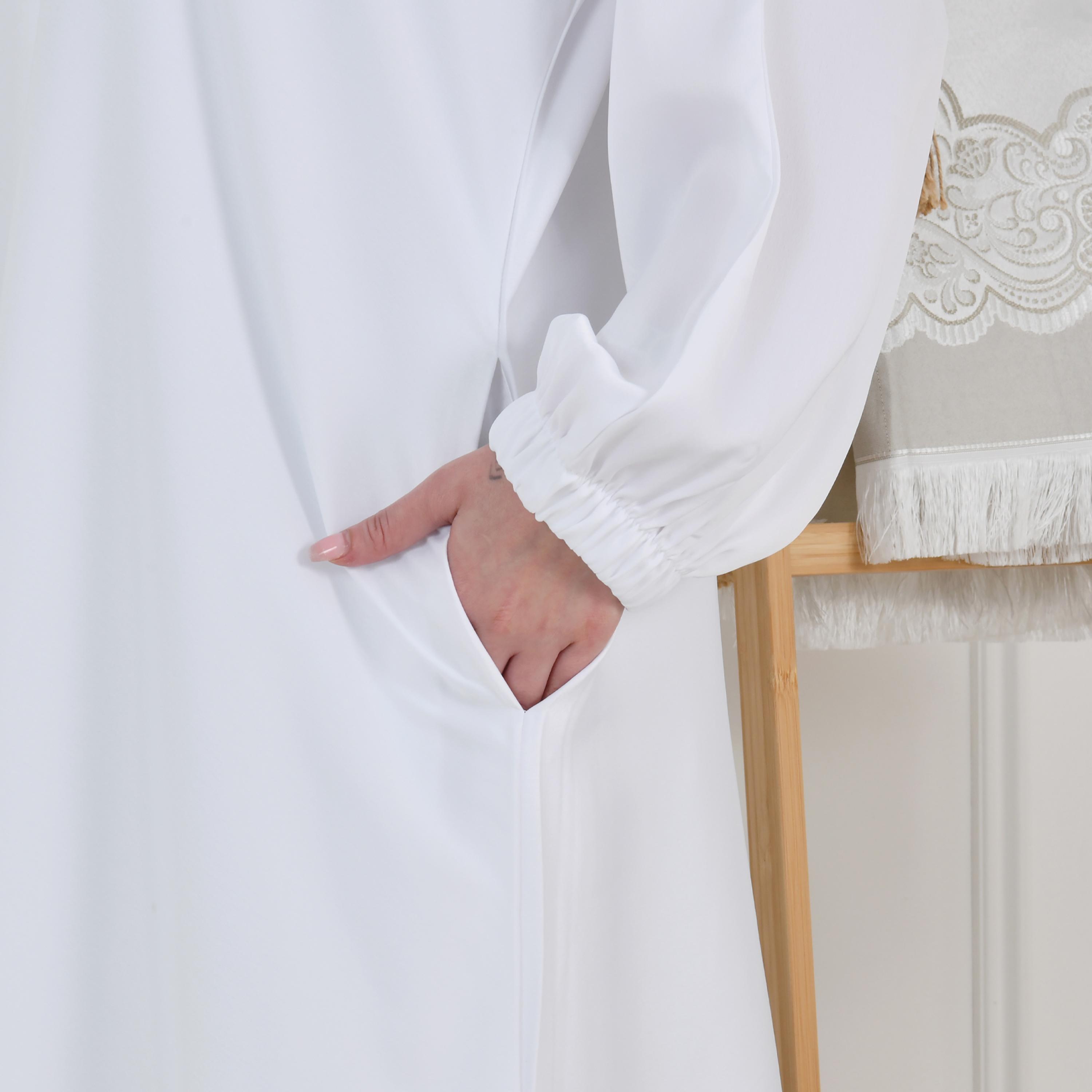 Hawraa White Balloon Sleeves Linen Women's Quarter-Flared Cut Hajj and Umrah Abaya with Hijab-women-arabicclothing-prayerclothing-image-5