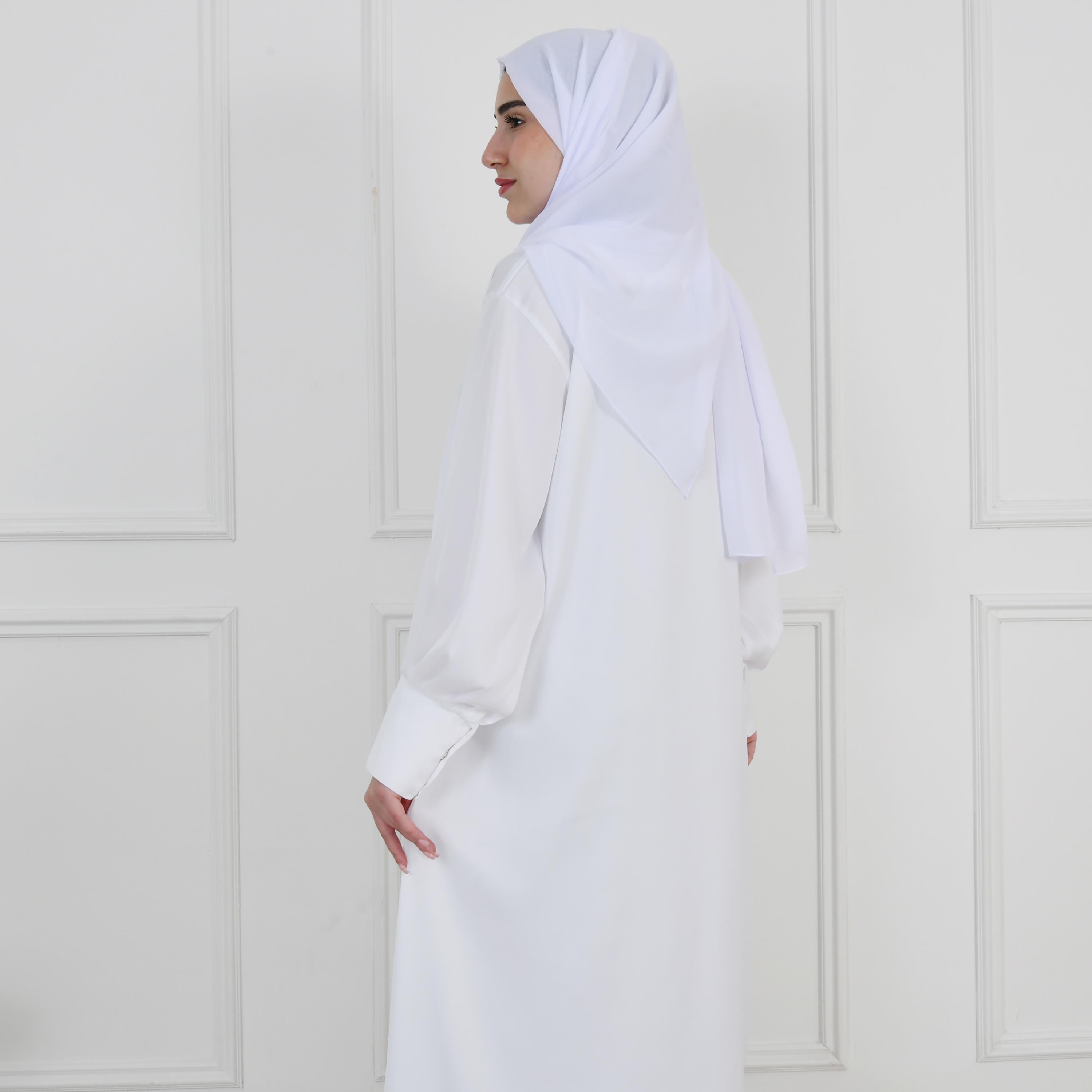 Hawraa White Balloon Sleeves Linen Women's Quarter-Flared Cut Hajj and Umrah Abaya with Hijab-women-arabicclothing-prayerclothing-image-12