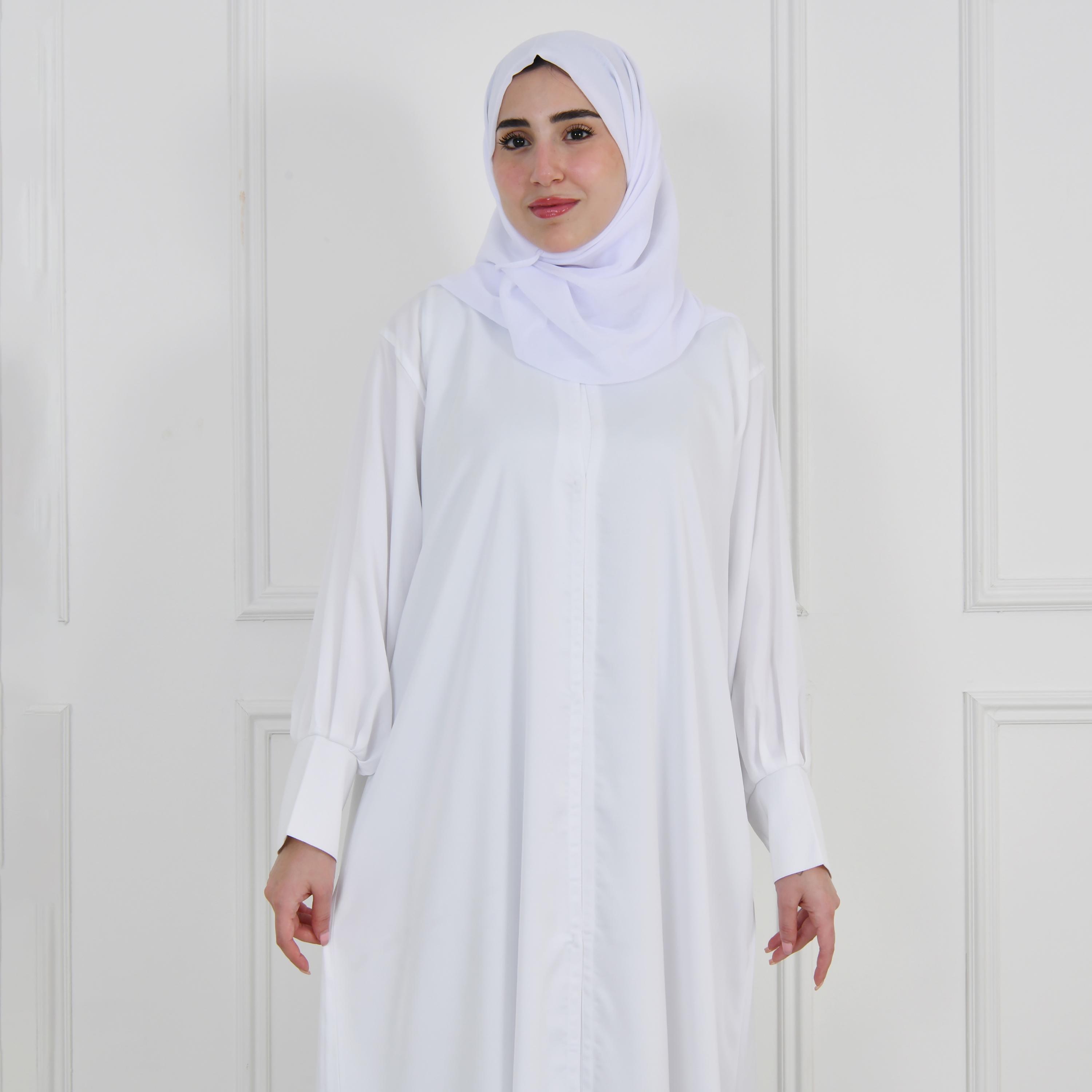 Hawraa White Balloon Sleeves Linen Women's Quarter-Flared Cut Hajj and Umrah Abaya with Hijab-women-arabicclothing-prayerclothing-image-15