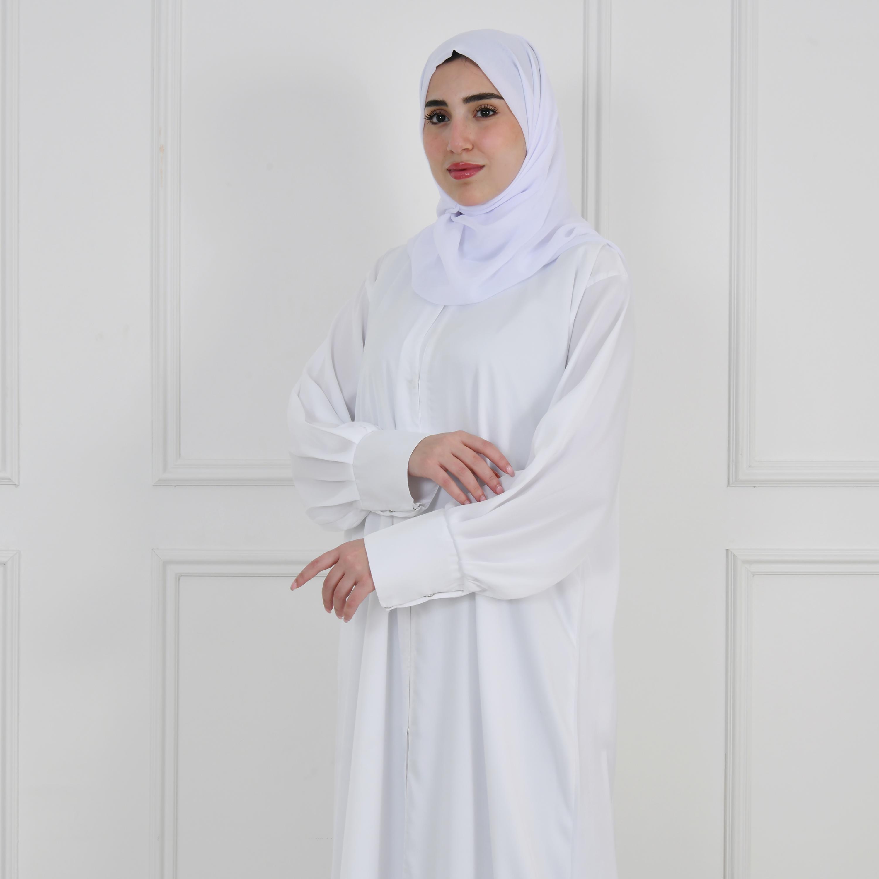 Hawraa White Balloon Sleeves Linen Women's Quarter-Flared Cut Hajj and Umrah Abaya with Hijab-women-arabicclothing-prayerclothing-image-2