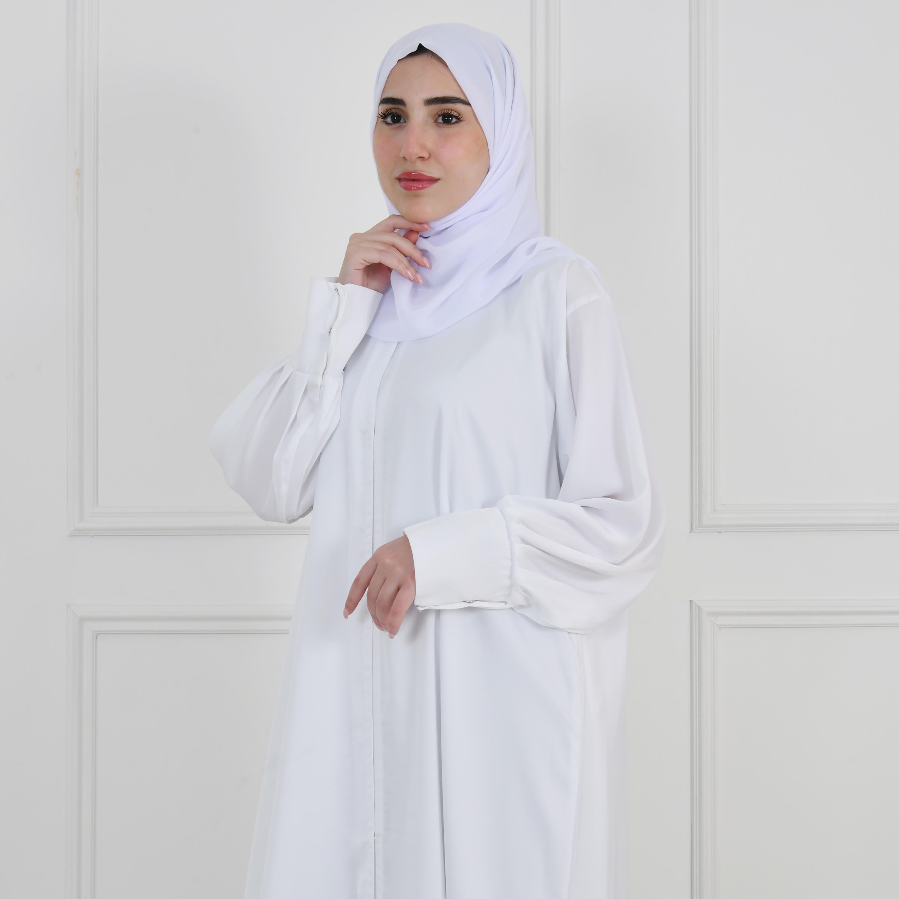 Hawraa White Balloon Sleeves Linen Women's Quarter-Flared Cut Hajj and Umrah Abaya with Hijab-women-arabicclothing-prayerclothing-image-3