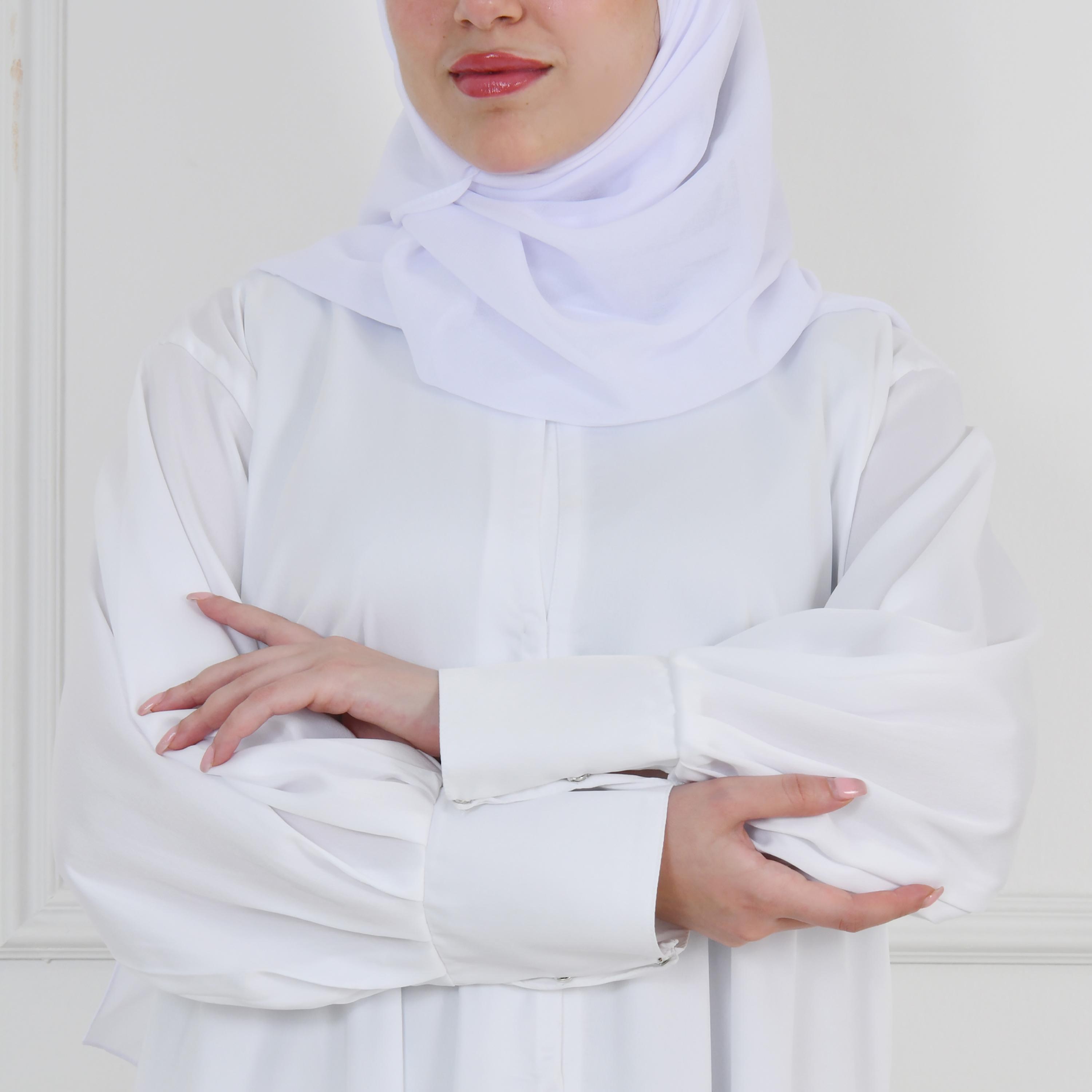 Hawraa White Balloon Sleeves Linen Women's Quarter-Flared Cut Hajj and Umrah Abaya with Hijab-women-arabicclothing-prayerclothing-image-6
