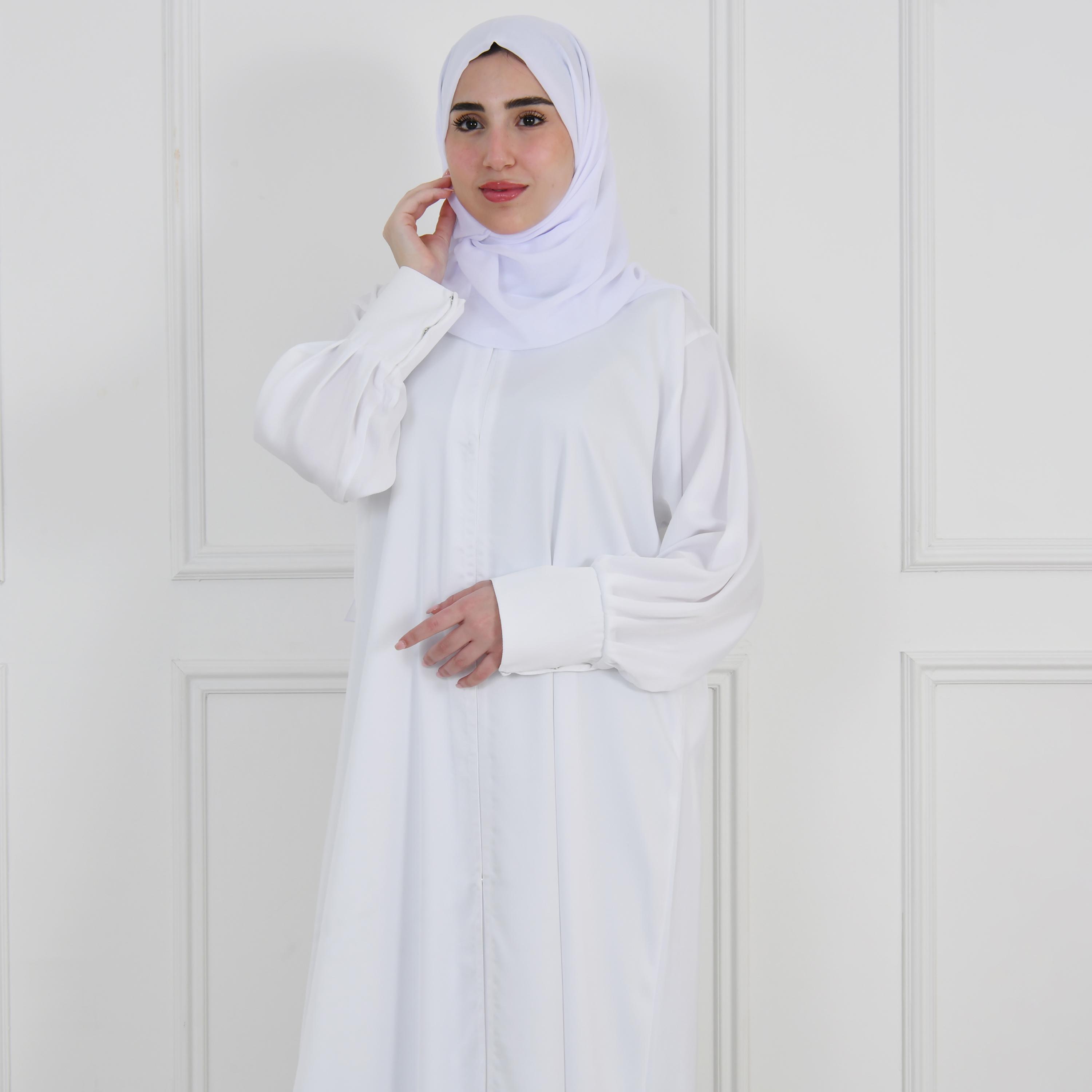 Hawraa White Balloon Sleeves Linen Women's Quarter-Flared Cut Hajj and Umrah Abaya with Hijab-women-arabicclothing-prayerclothing-image-9