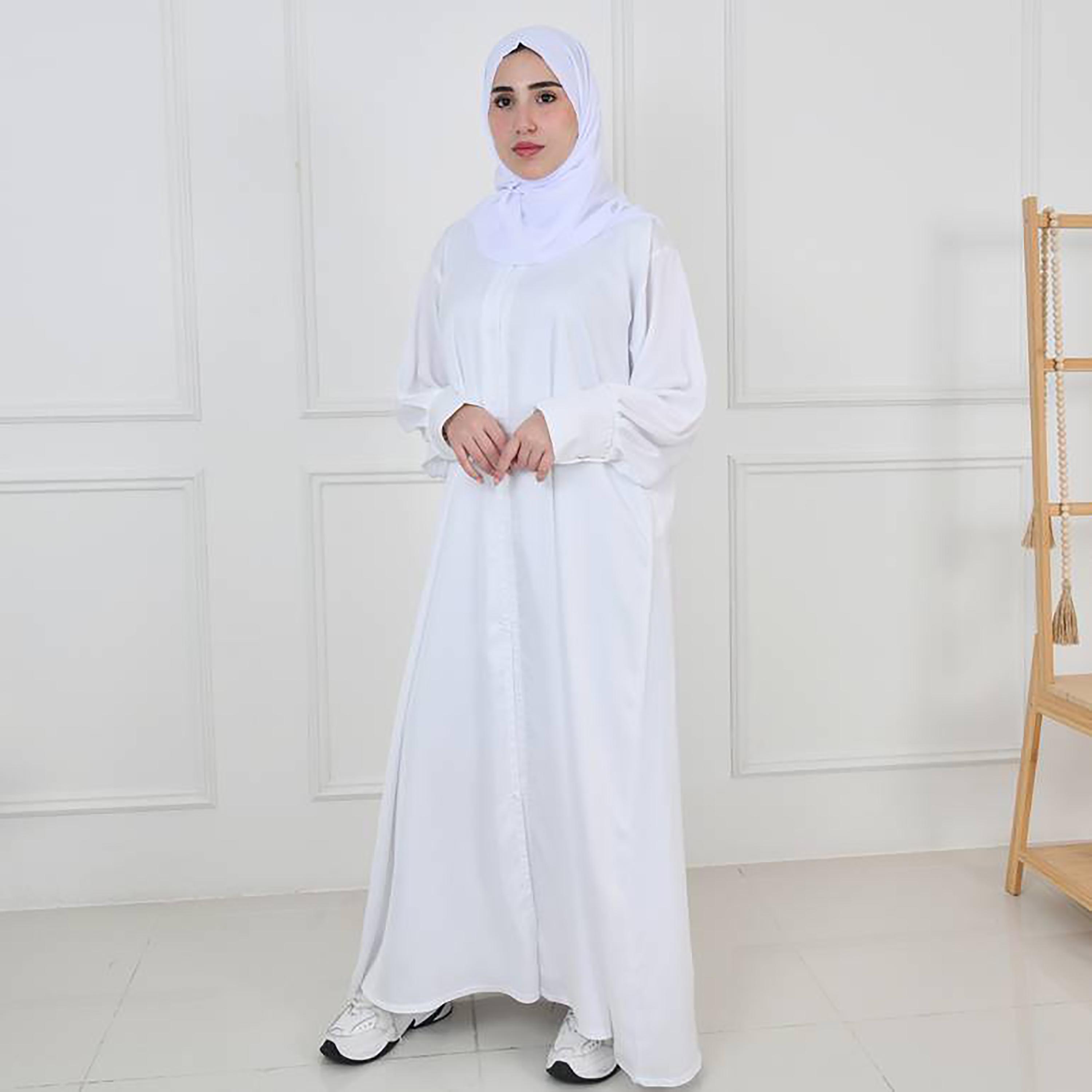 Hawraa White Narrow Pleated Sleeves Crepe Abaya with Hijab-women-arabicclothing-prayerclothing-image-1