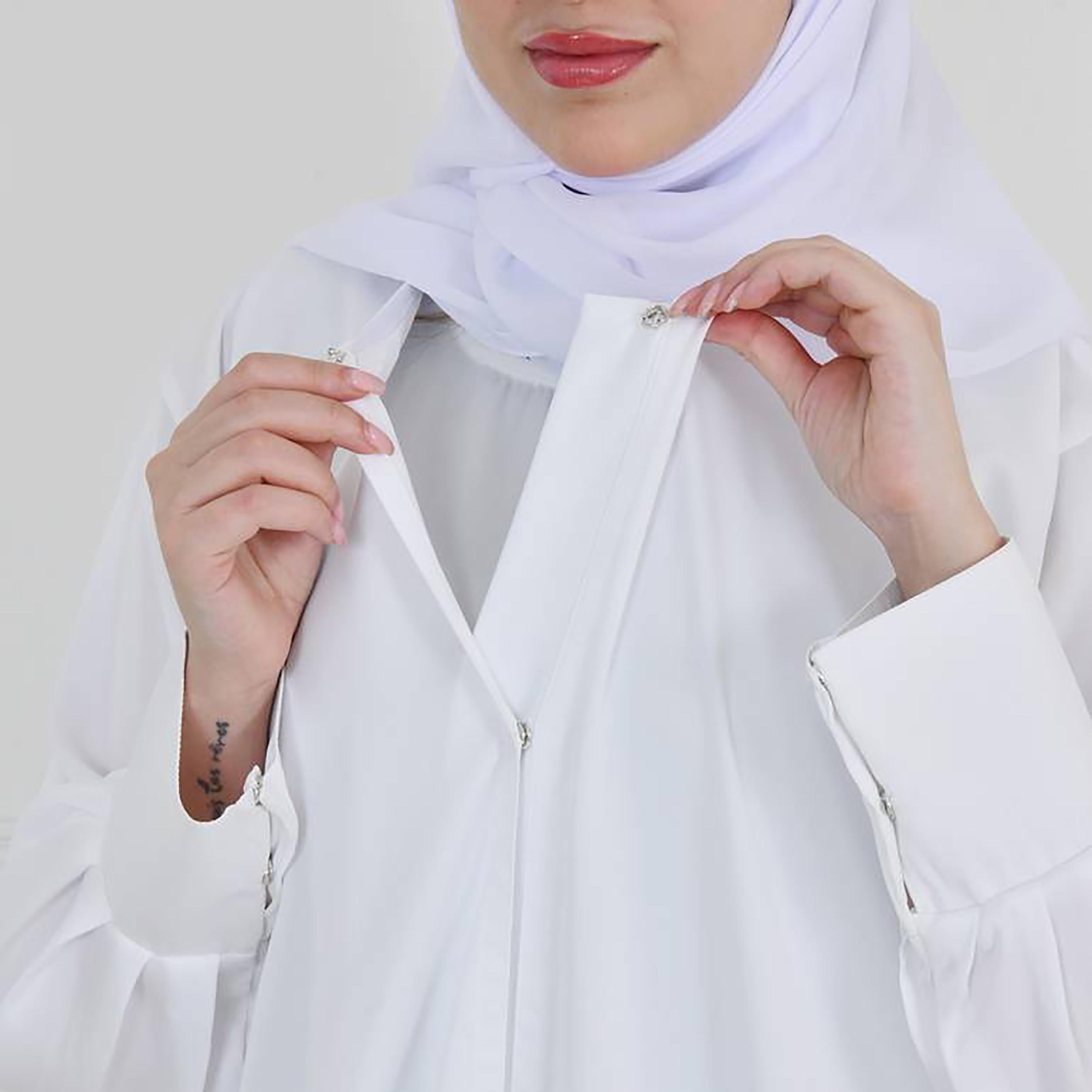 Hawraa White Narrow Pleated Sleeves Crepe Abaya with Hijab-women-arabicclothing-prayerclothing-image-3