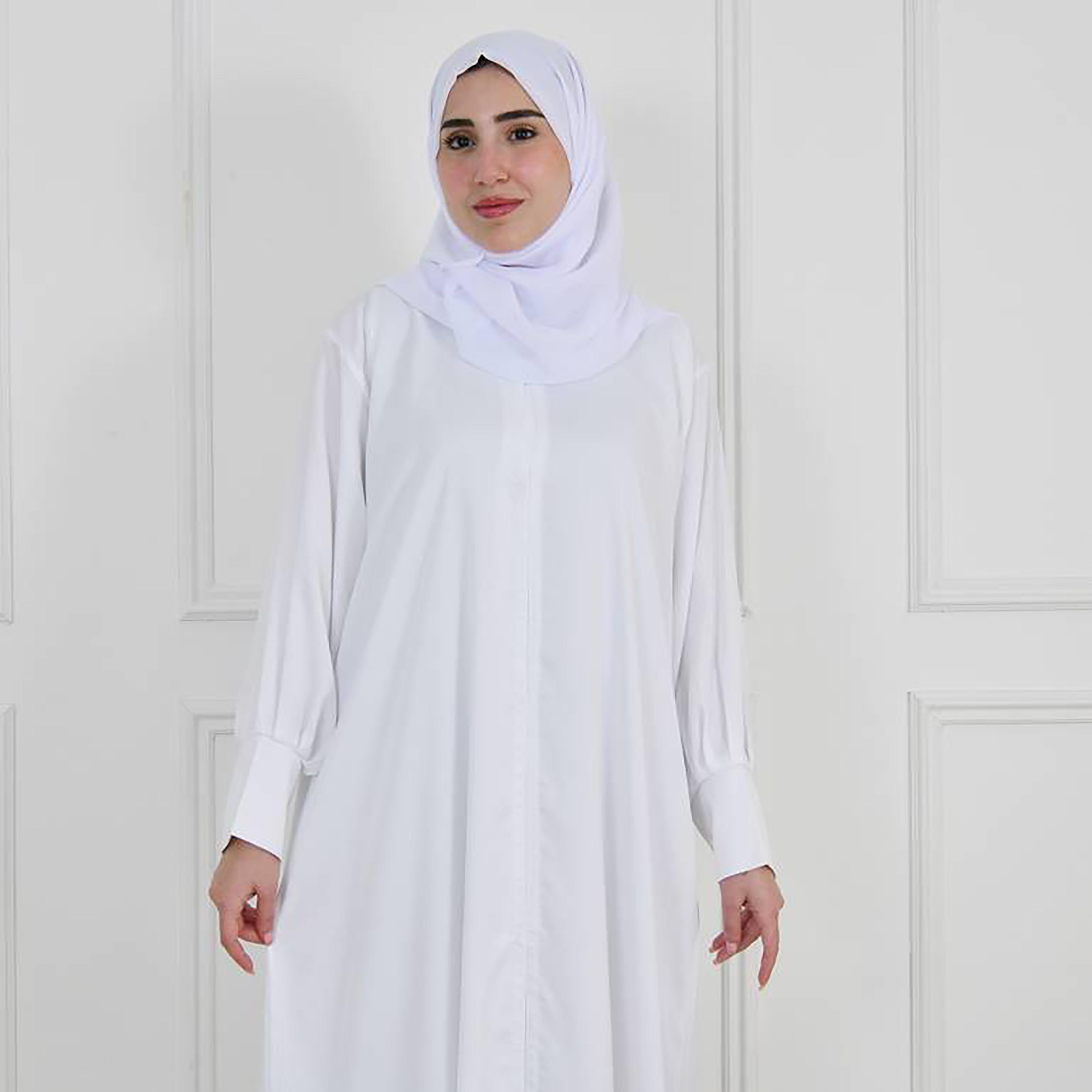 Hawraa White Narrow Pleated Sleeves Crepe Abaya with Hijab-women-arabicclothing-abayas-image-2