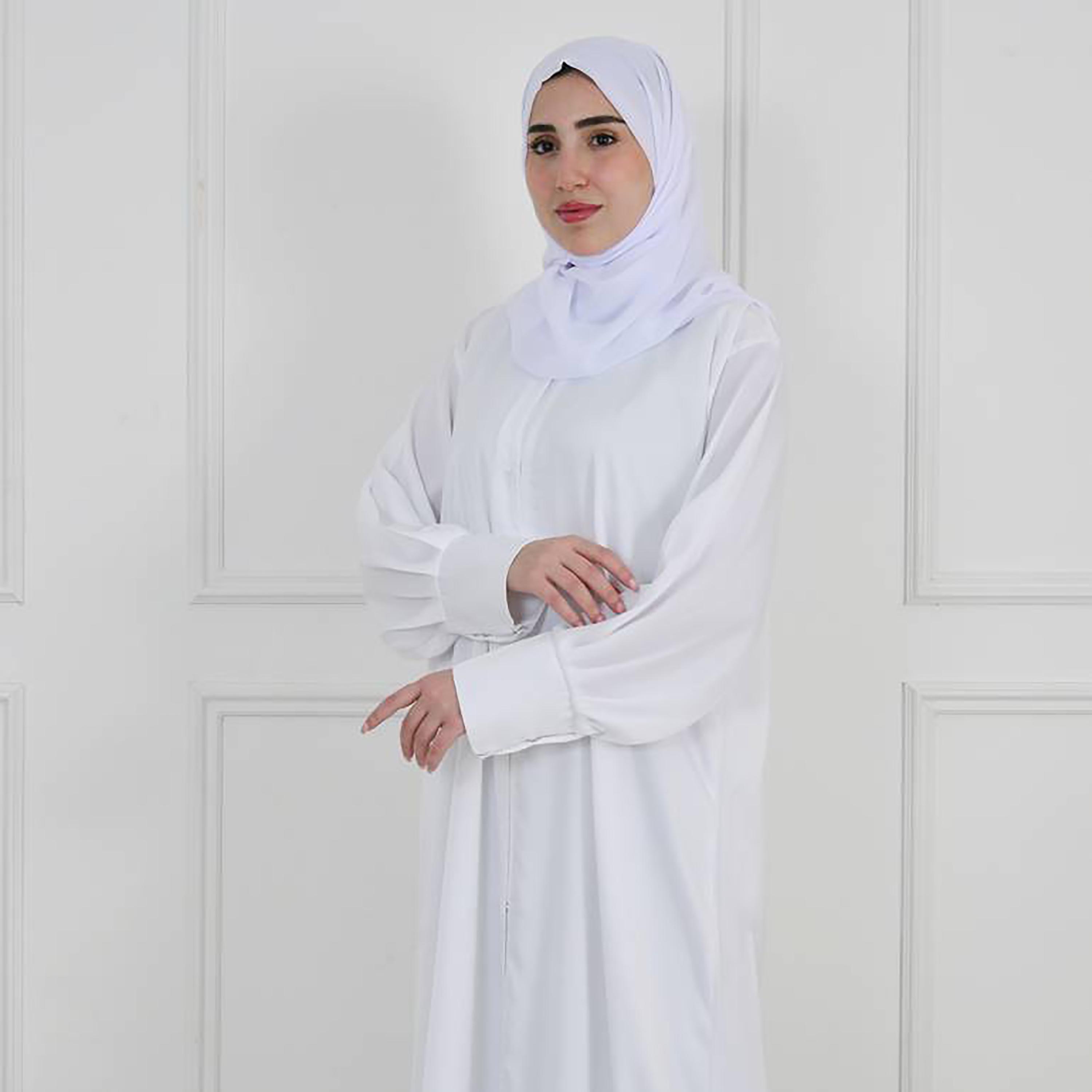 Hawraa White Narrow Pleated Sleeves Crepe Abaya with Hijab-women-arabicclothing-abayas-image-4