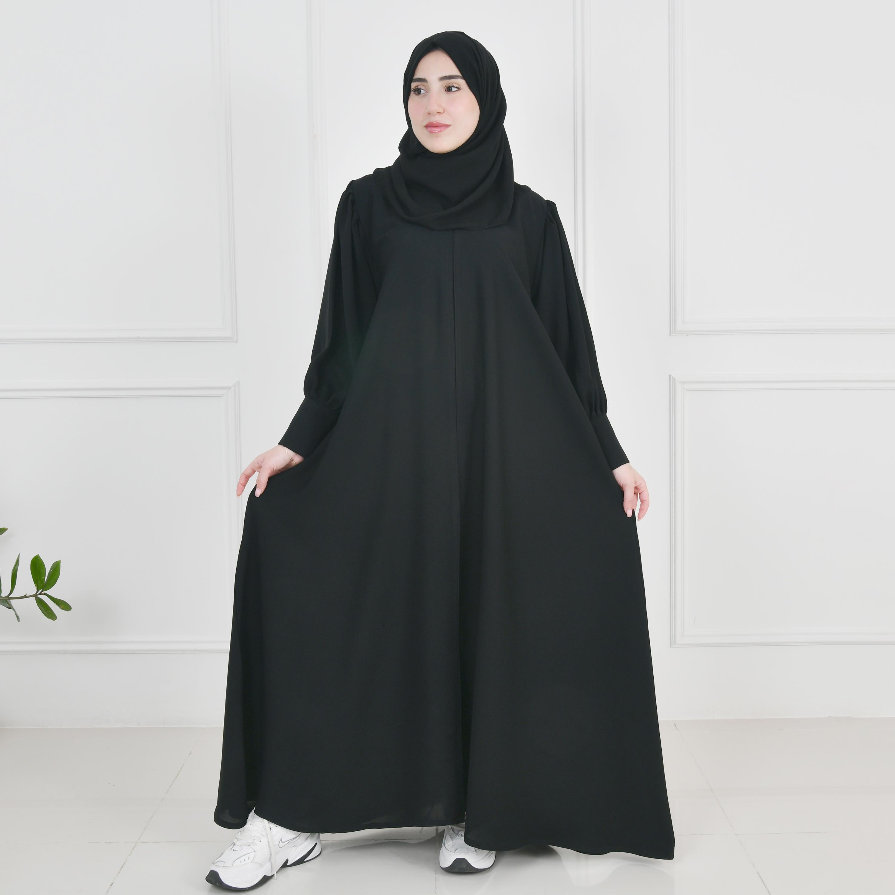 Hawraa Black Bishop Sleeves Linen Women's Flared Cut Abaya with Hijab-women-arabicclothing-abayas-image-1