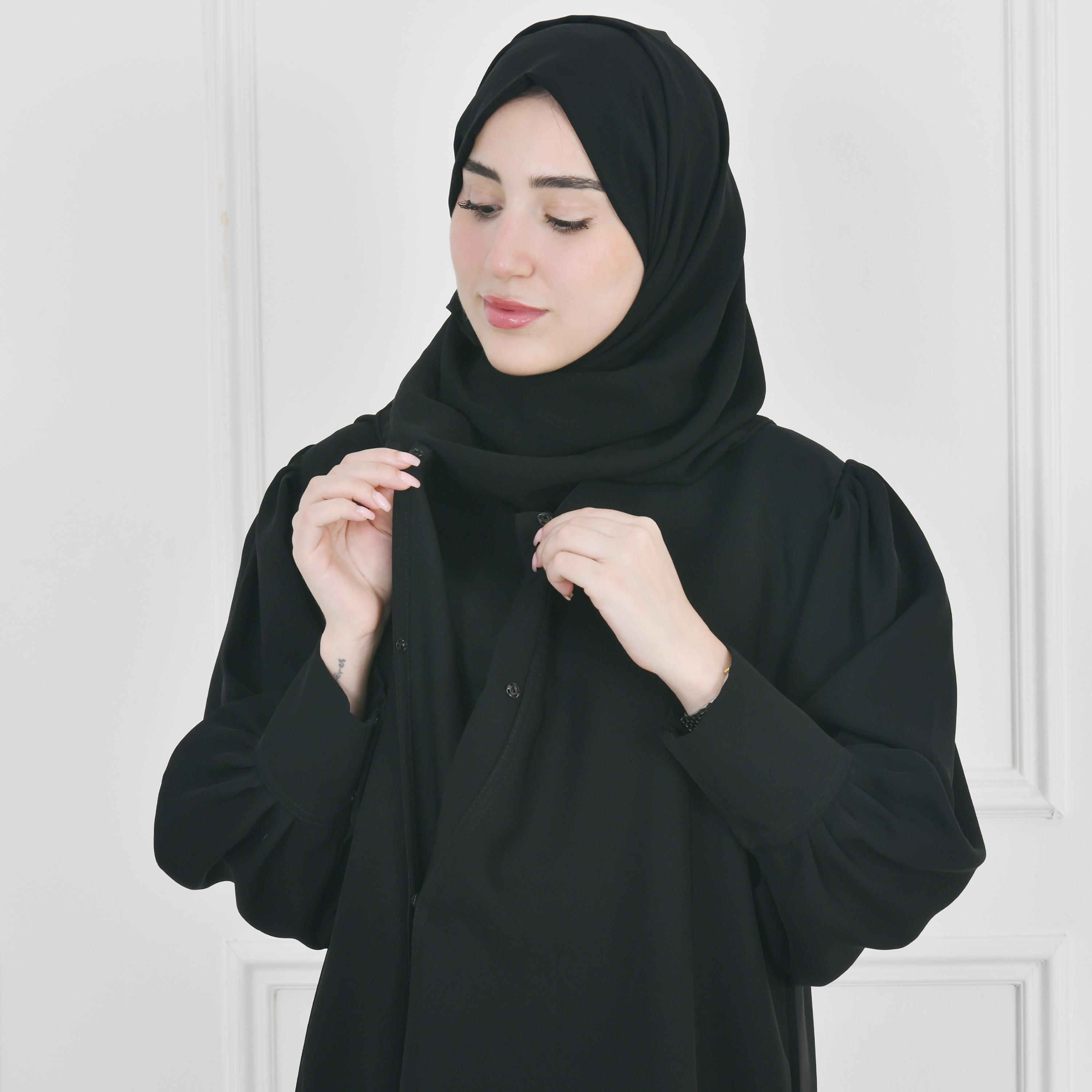 Hawraa Black Bishop Sleeves Linen Women's Flared Cut Abaya with Hijab-women-arabicclothing-abayas-image-2