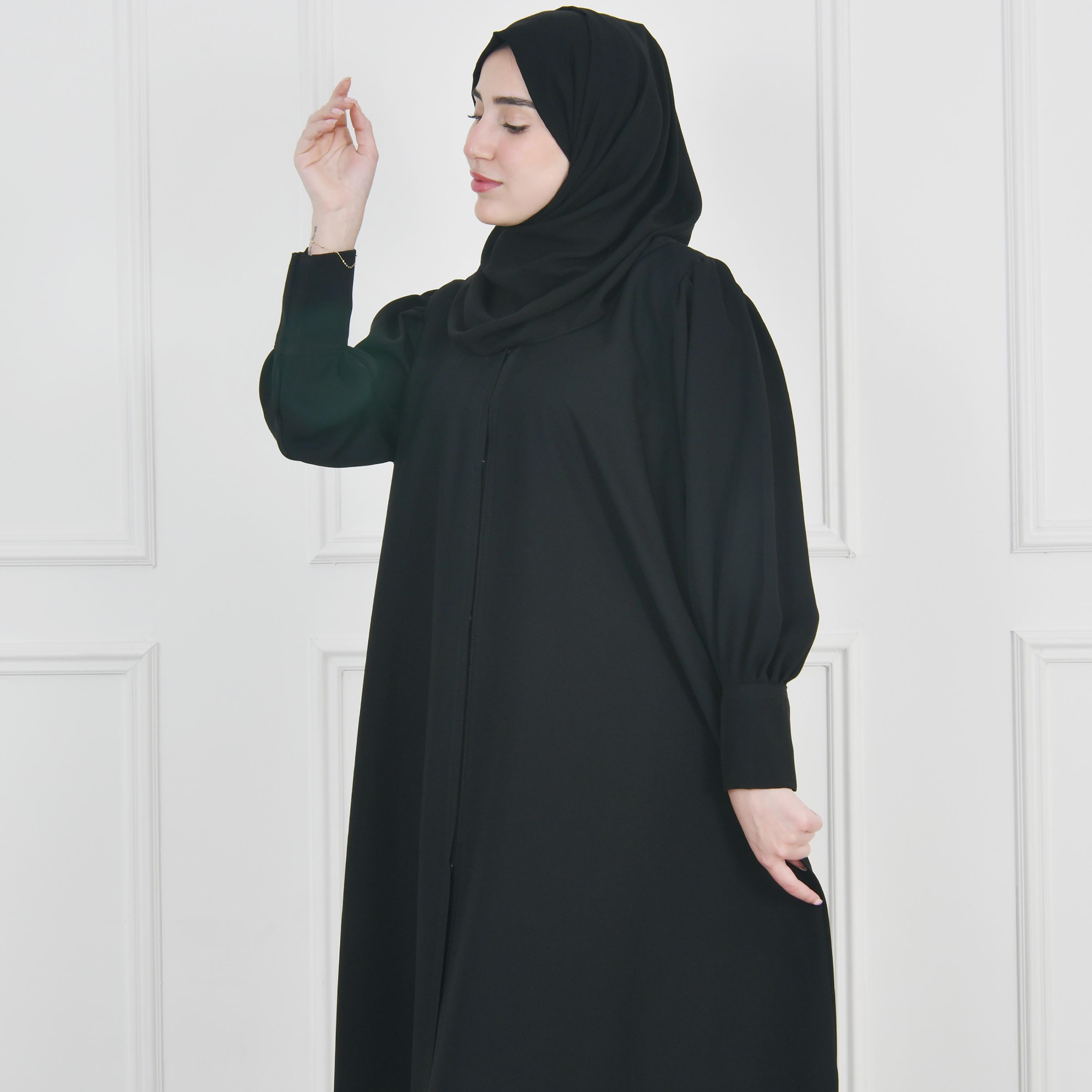 Hawraa Black Bishop Sleeves Linen Women's Flared Cut Abaya with Hijab-women-arabicclothing-abayas-image-3