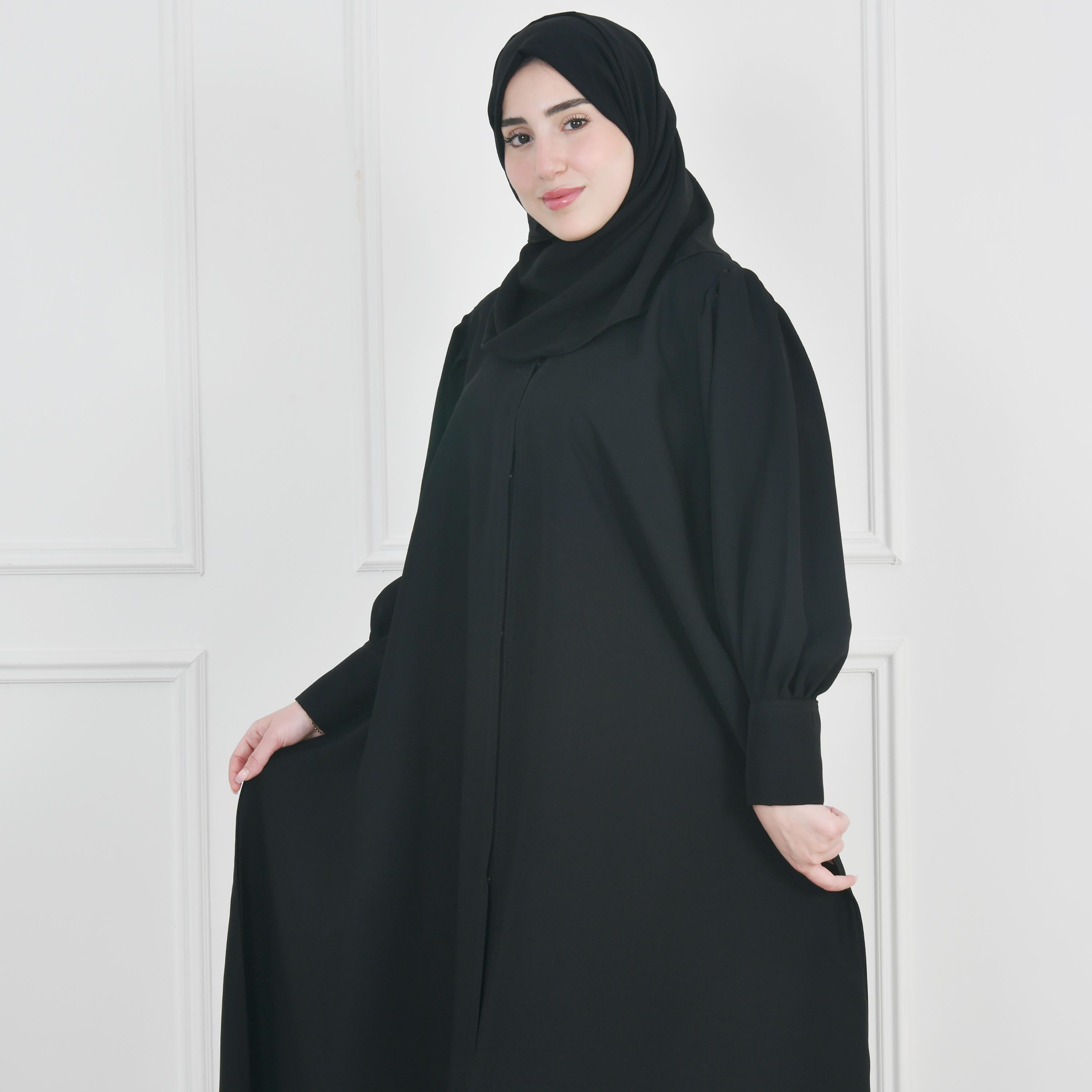 Hawraa Black Bishop Sleeves Linen Women's Flared Cut Abaya with Hijab-women-arabicclothing-abayas-image-4