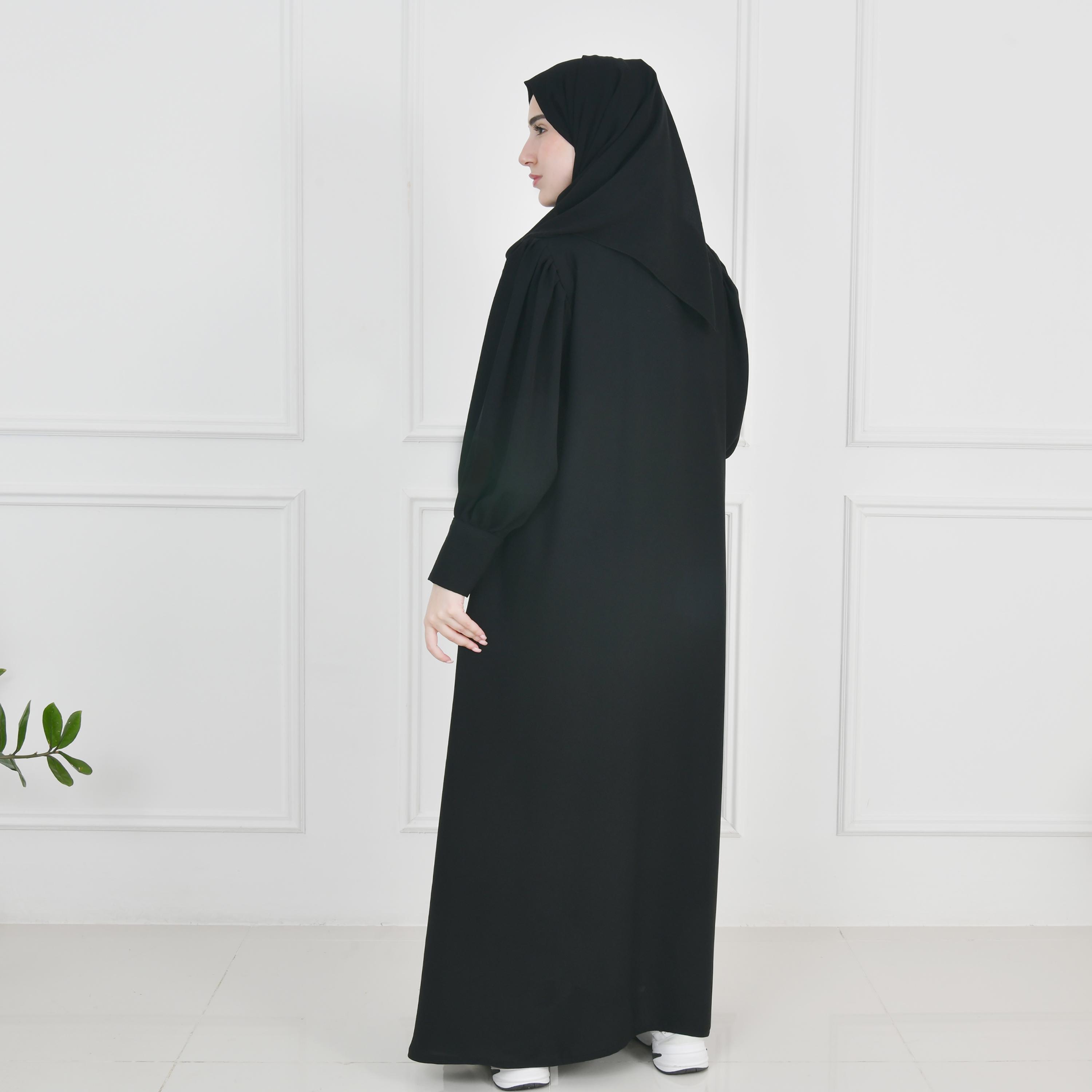 Hawraa Black Bishop Sleeves Linen Women's Flared Cut Abaya with Hijab-women-arabicclothing-abayas-image-5