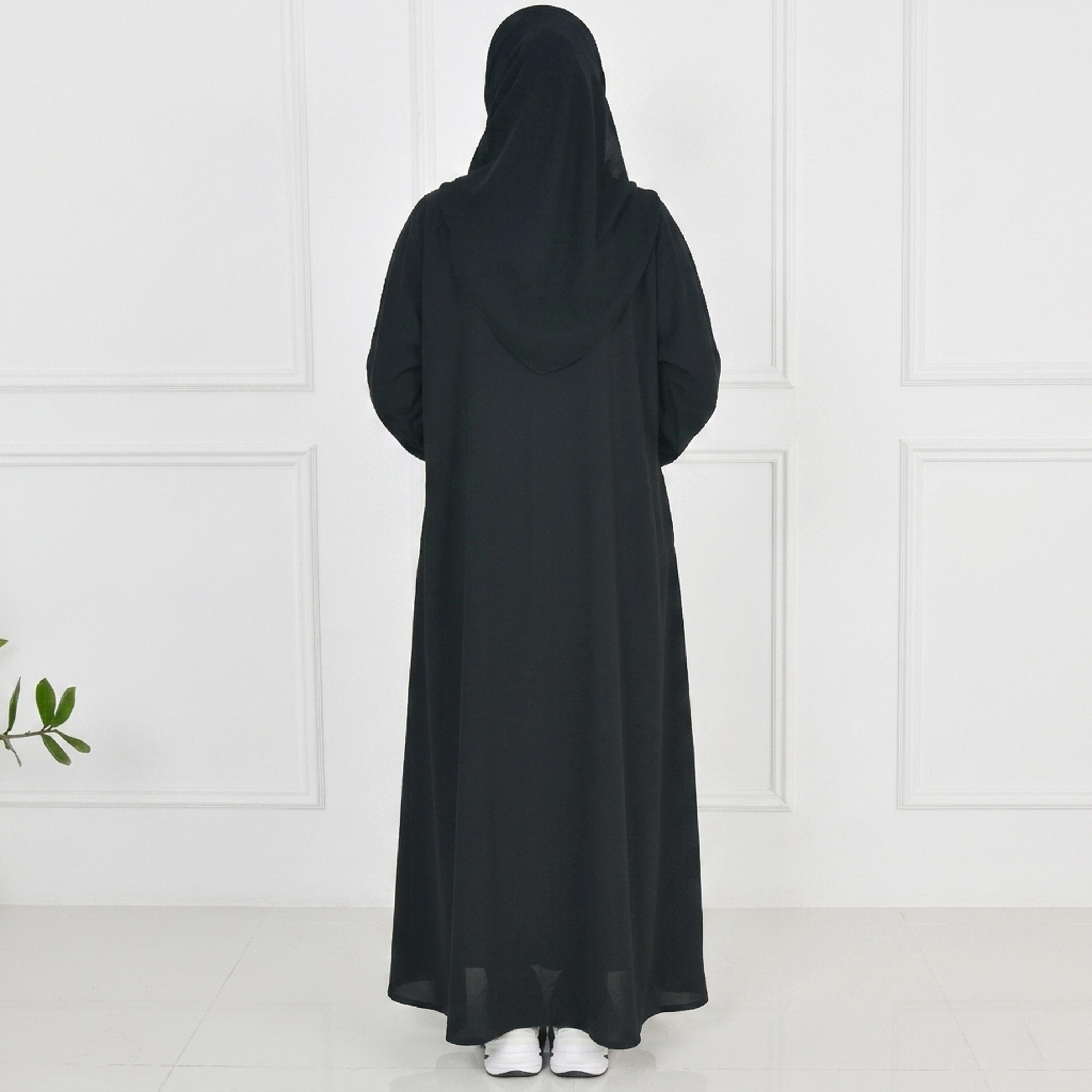Hawraa Black Bishop Sleeves Linen Women's Flared Cut Abaya with Hijab-women-arabicclothing-abayas-image-6