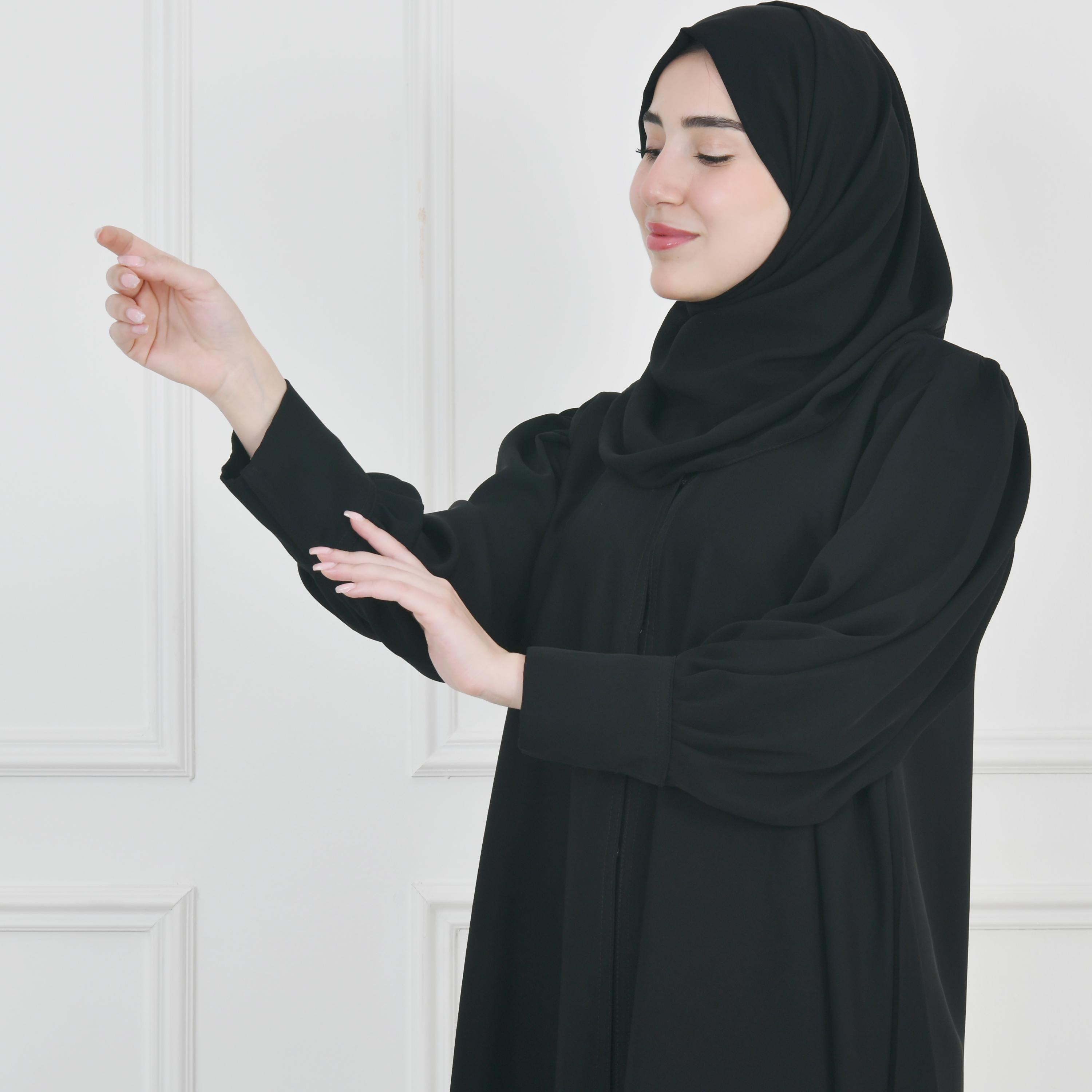 Hawraa Black Bishop Sleeves Linen Women's Flared Cut Abaya with Hijab-women-arabicclothing-abayas-image-7