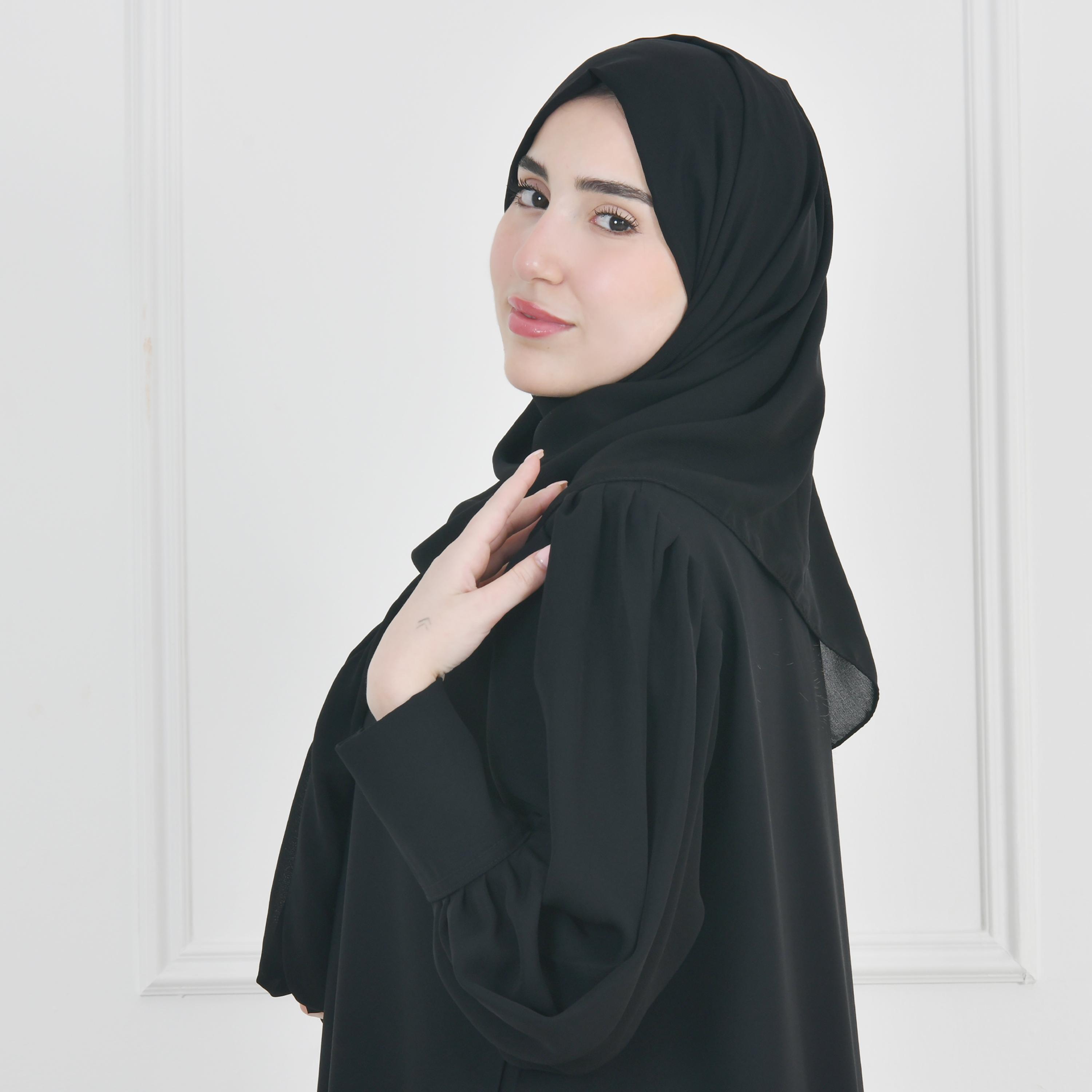 Hawraa Black Bishop Sleeves Linen Women's Flared Cut Abaya with Hijab-women-arabicclothing-abayas-image-9
