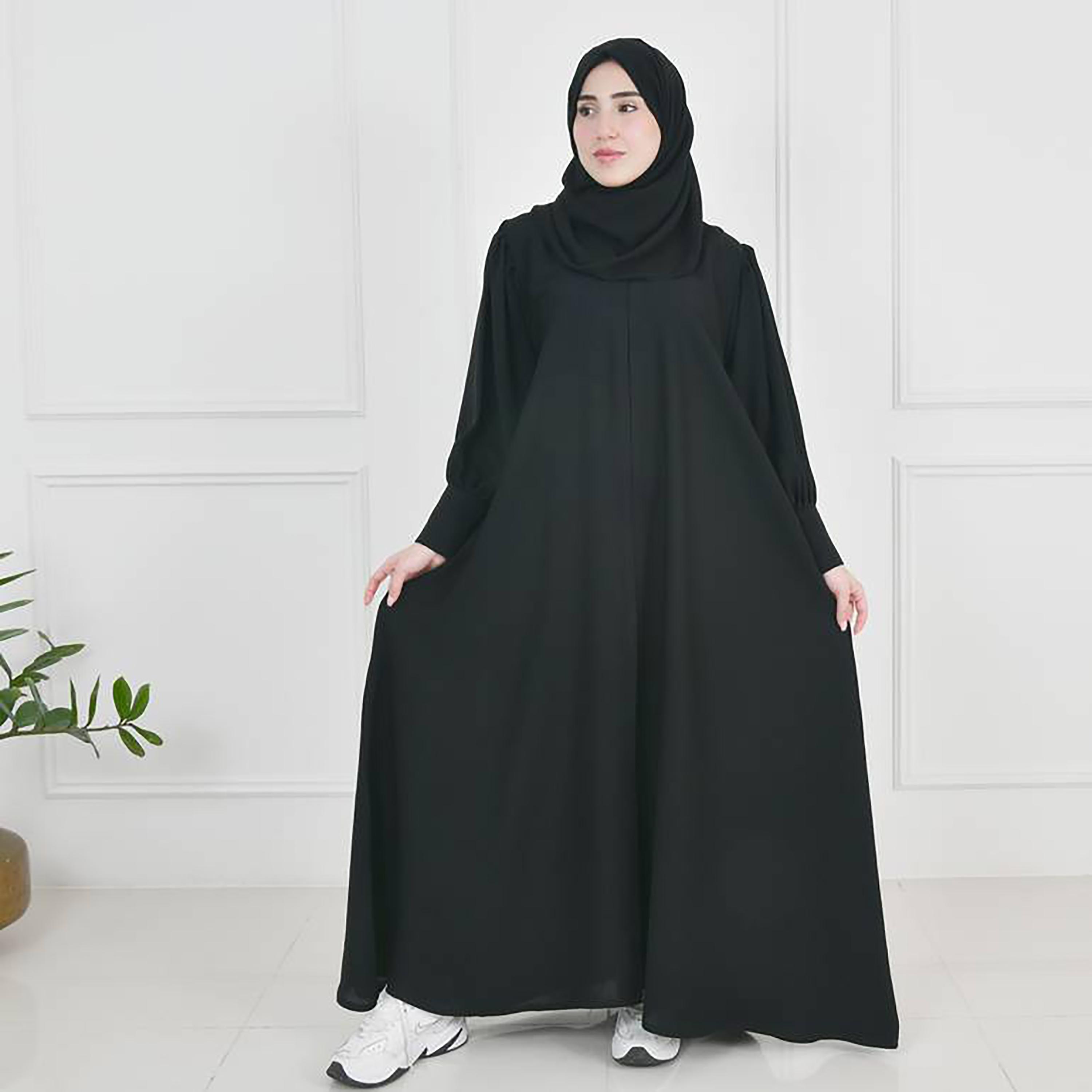 Hawraa Black Narrow Pleated Sleeves Crepe Abaya with Hijab-women-arabicclothing-abayas-image-1