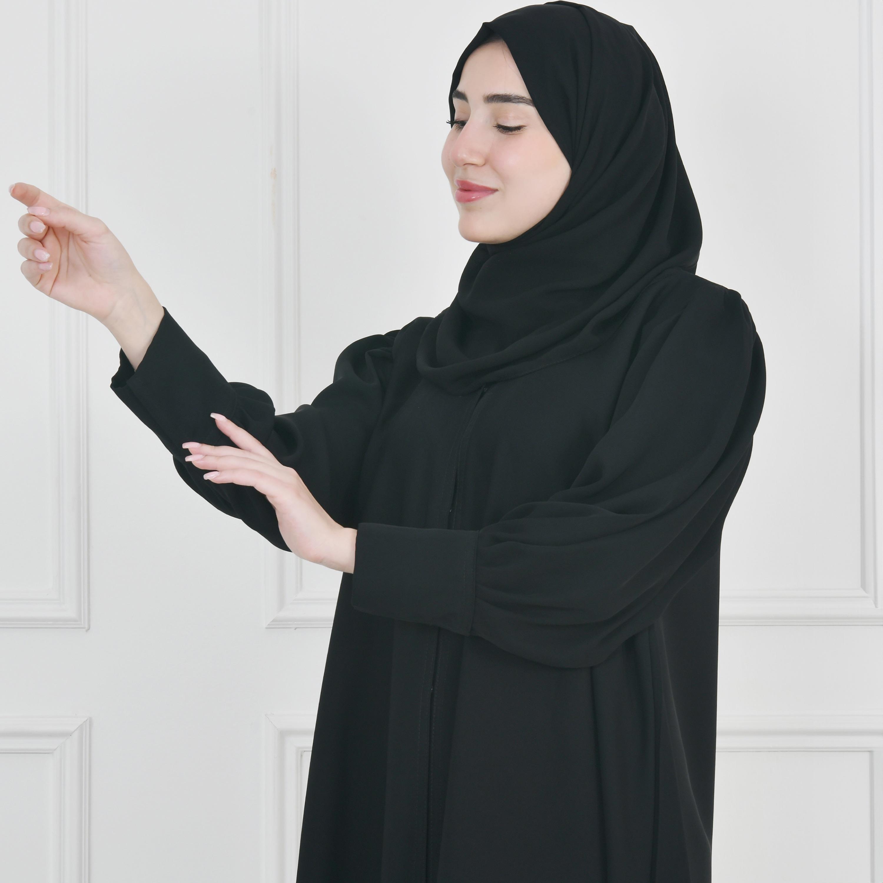 Hawraa Black Narrow Pleated Sleeves Crepe Abaya with Hijab-women-arabicclothing-abayas-image-2