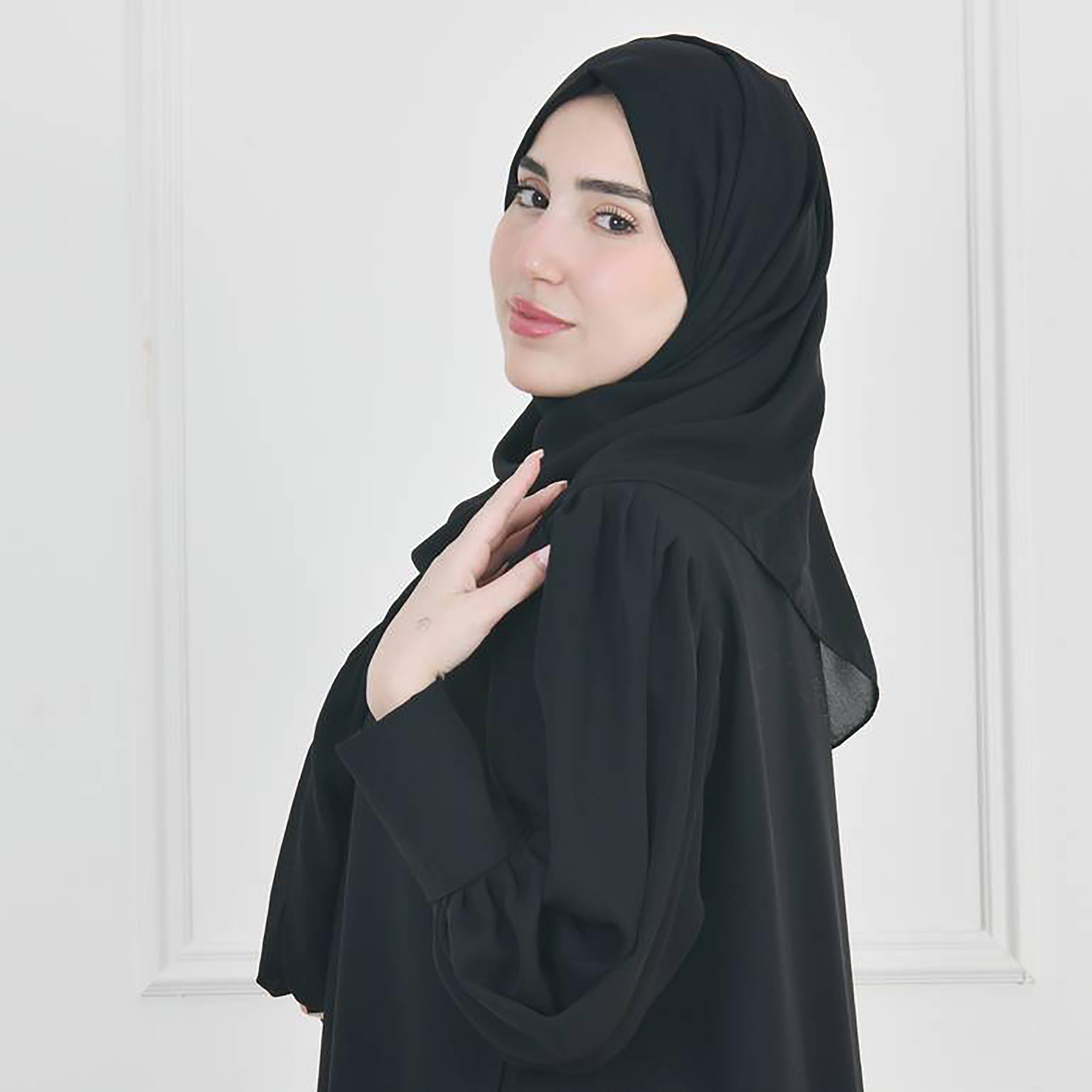 Hawraa Black Narrow Pleated Sleeves Crepe Abaya with Hijab-women-arabicclothing-abayas-image-4