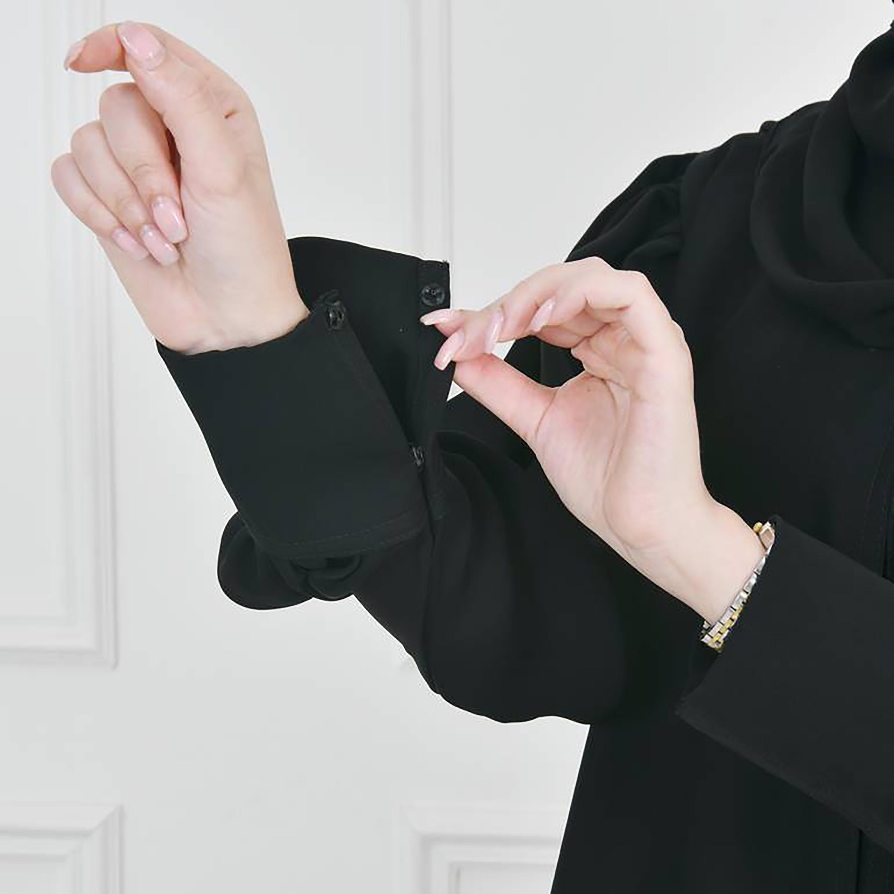 Hawraa Black Narrow Pleated Sleeves Crepe Abaya with Hijab-women-arabicclothing-prayerclothing-image-3