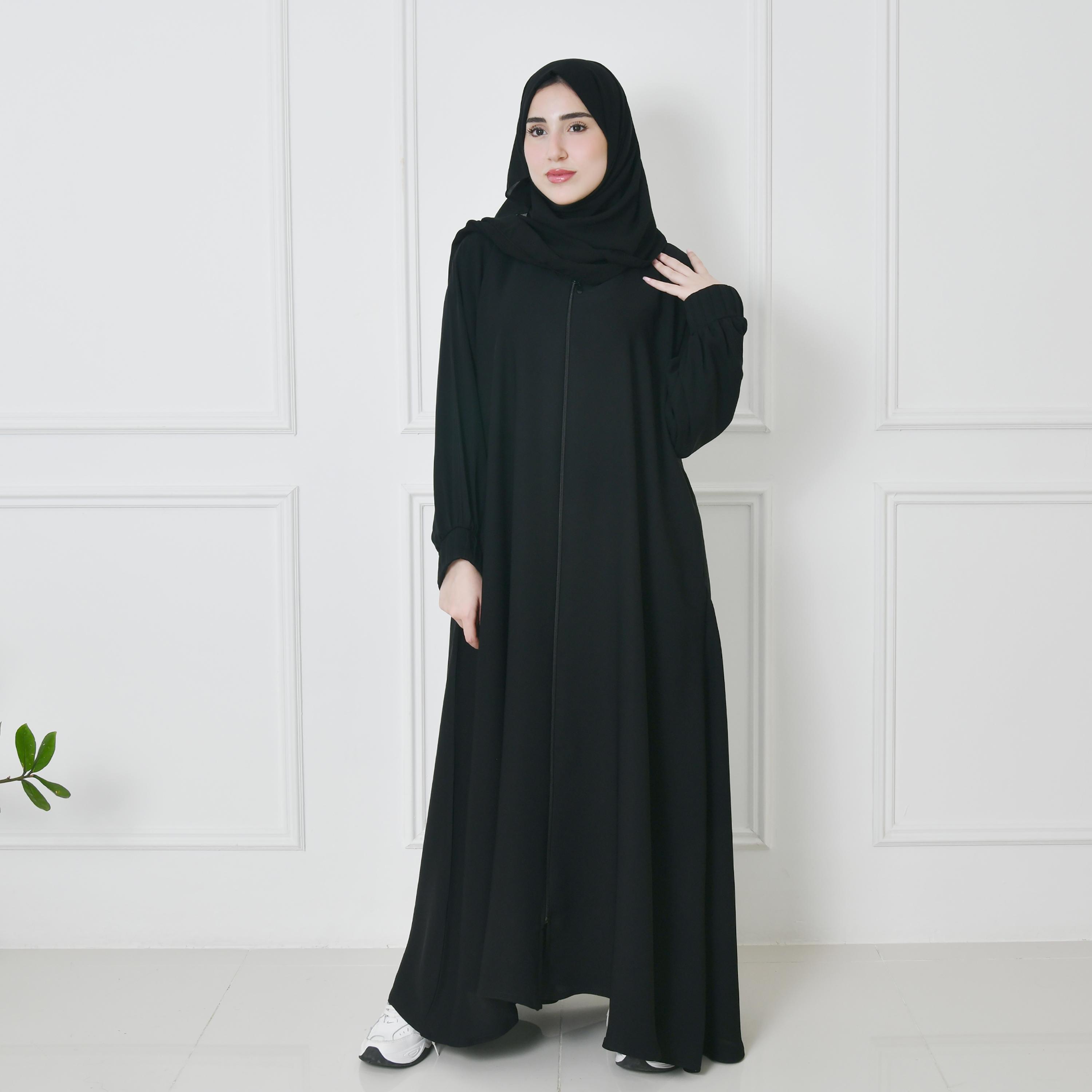 عباية حوراء سوداء من الكتان بأكمام ذات لونين وقصة ربع كلوش للنساء مع طرحة-women-arabicclothing-prayerclothing-image-1