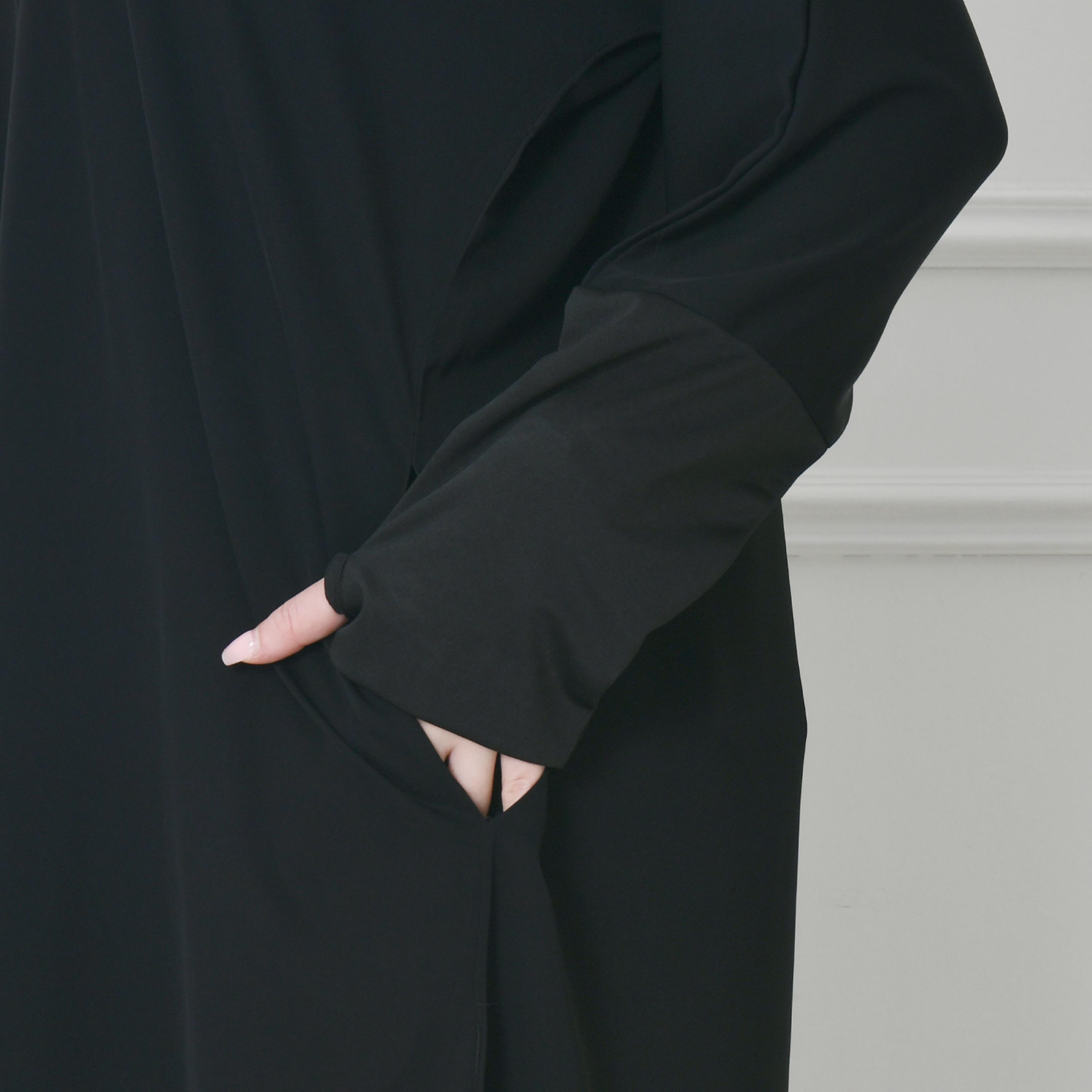عباية حوراء سوداء من الكتان بأكمام ذات لونين وقصة ربع كلوش للنساء مع طرحة-women-arabicclothing-prayerclothing-image-2