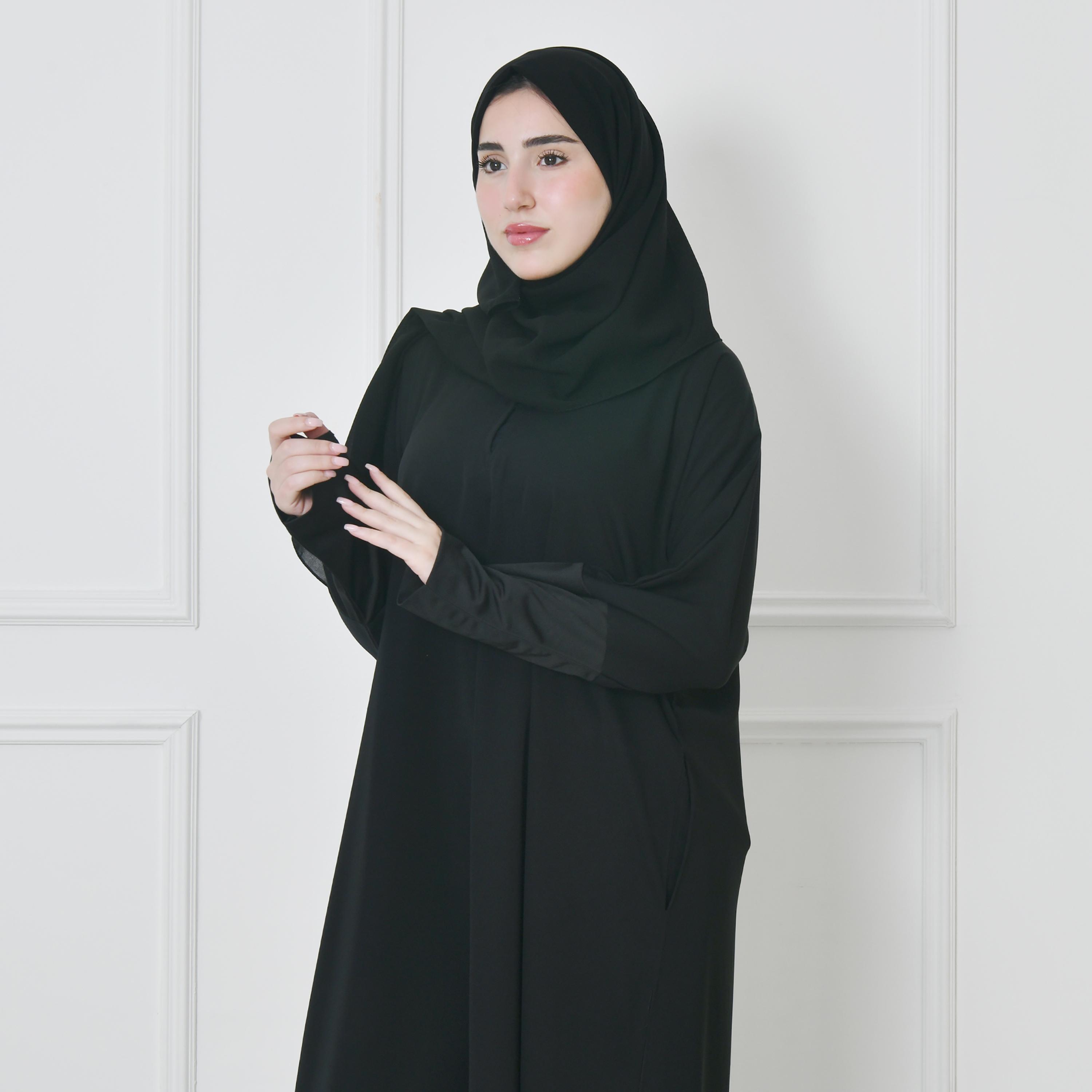 عباية حوراء سوداء من الكتان بأكمام ذات لونين وقصة ربع كلوش للنساء مع طرحة-women-arabicclothing-prayerclothing-image-3