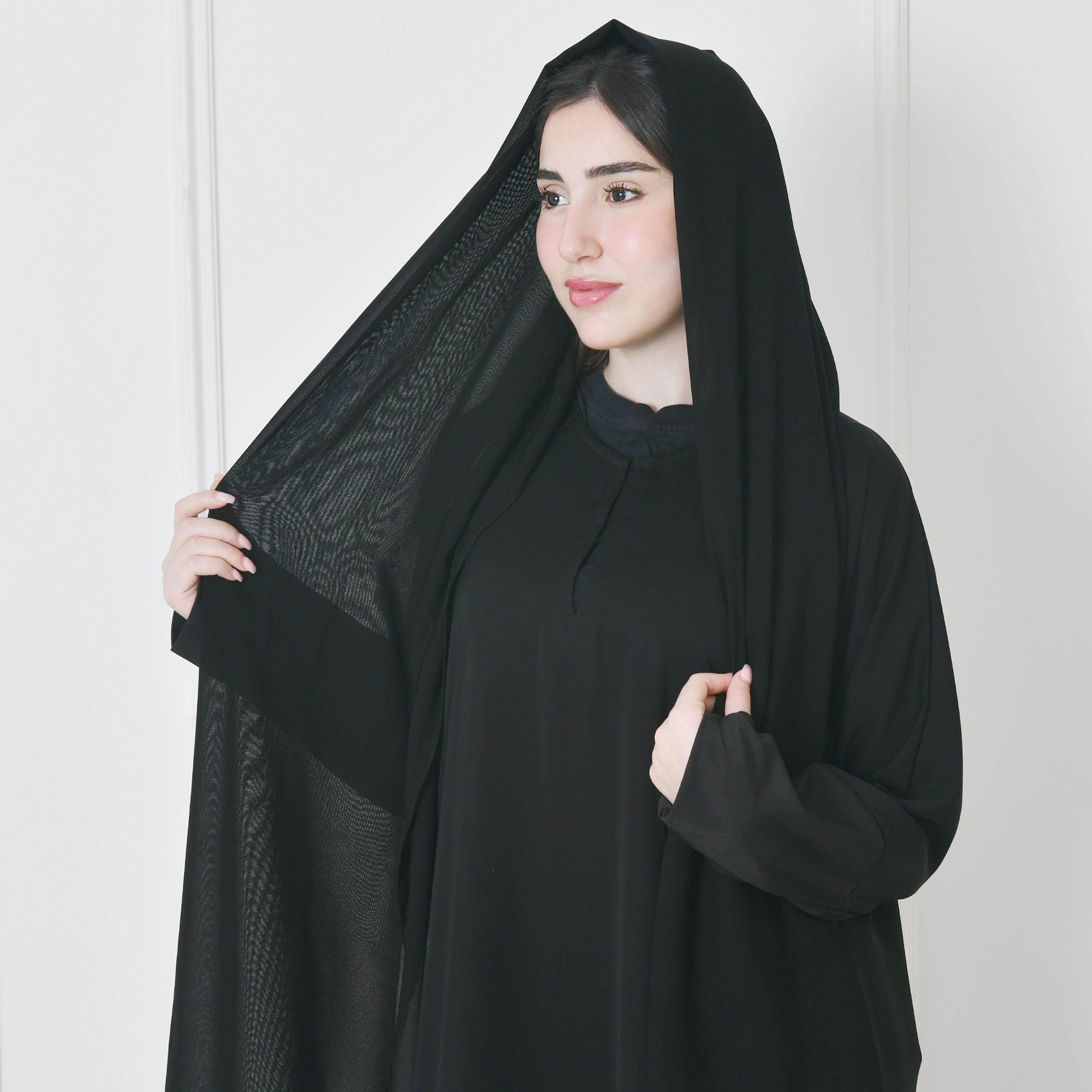 عباية حوراء سوداء من الكتان بأكمام ذات لونين وقصة ربع كلوش للنساء مع طرحة-women-arabicclothing-prayerclothing-image-4
