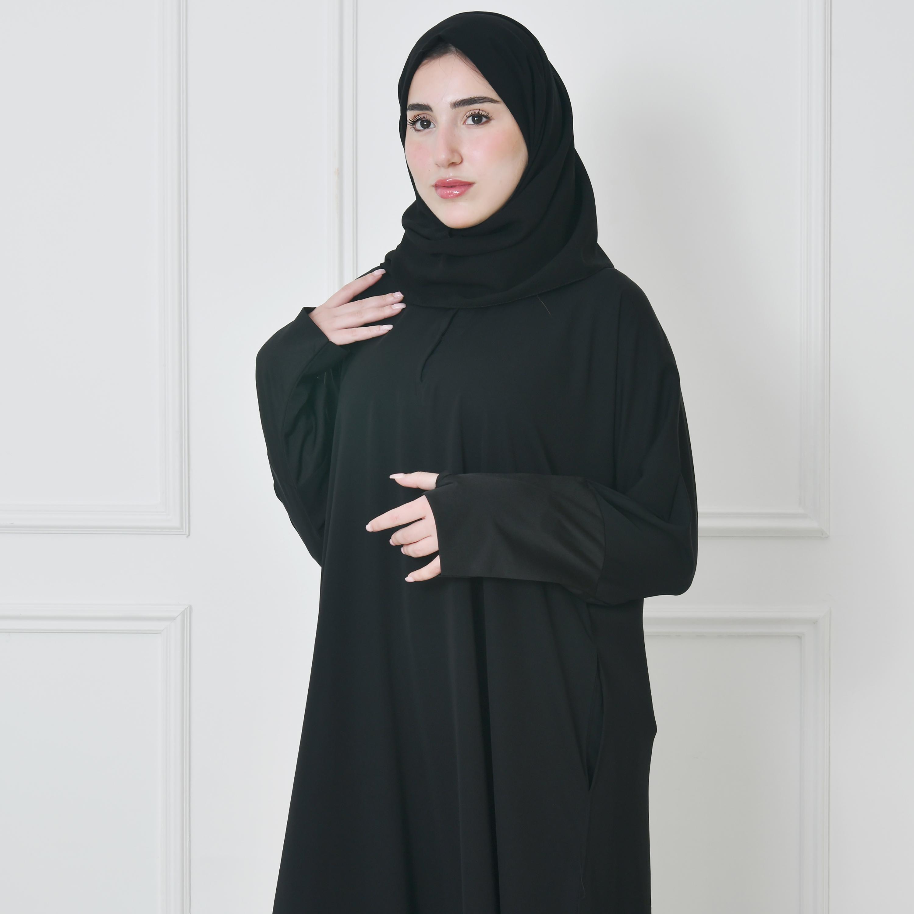 عباية حوراء سوداء من الكتان بأكمام ذات لونين وقصة ربع كلوش للنساء مع طرحة-women-arabicclothing-prayerclothing-image-5